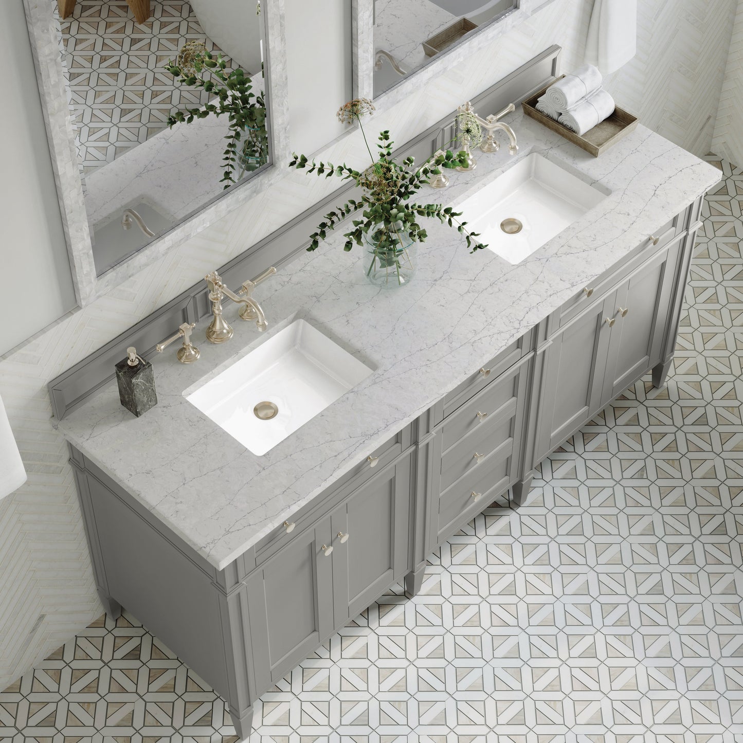 
                  
                    Brittany 72" Double Vanity in Urban Gray Double bathroom Vanity James Martin Vanities Eternal Jasmine Pearl Silestone 
                  
                