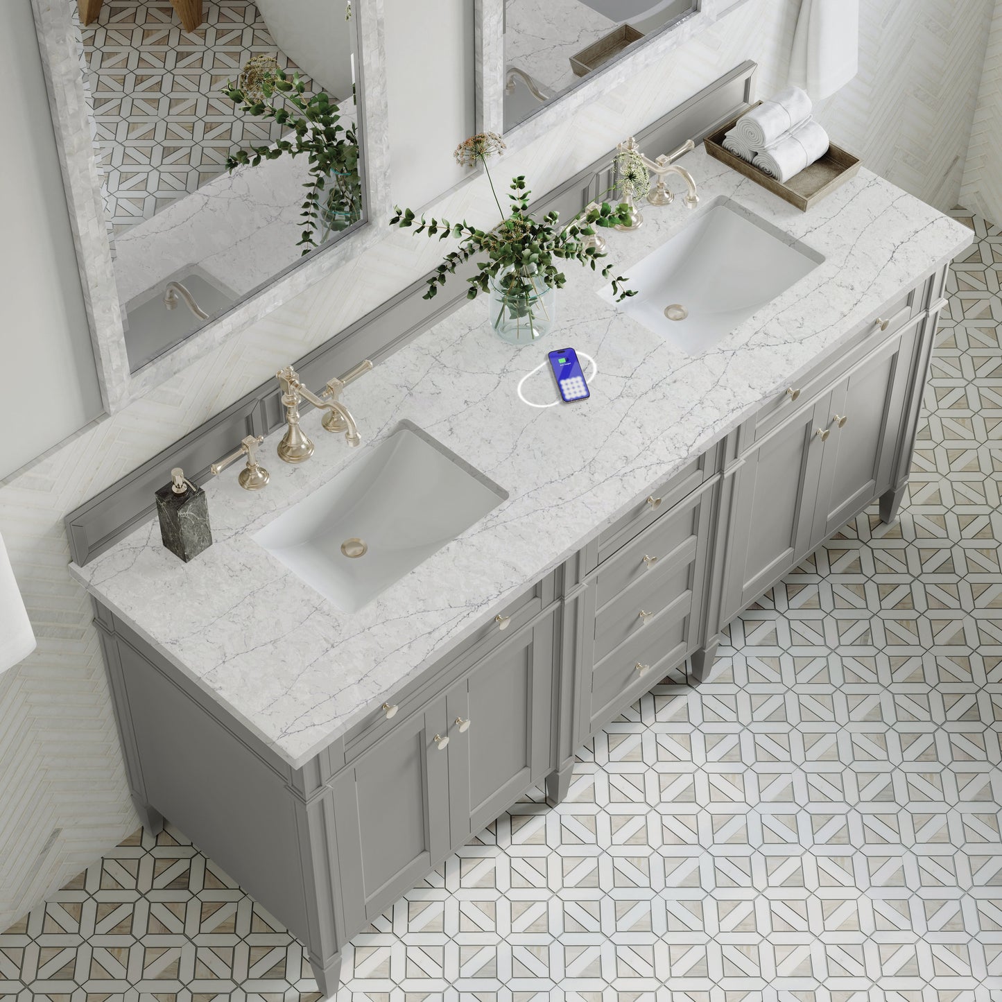 
                  
                    Brittany 72" Double Vanity in Urban Gray Double bathroom Vanity James Martin Vanities FreePower-Enabled Eternal Jasmine Pearl Silestone 
                  
                