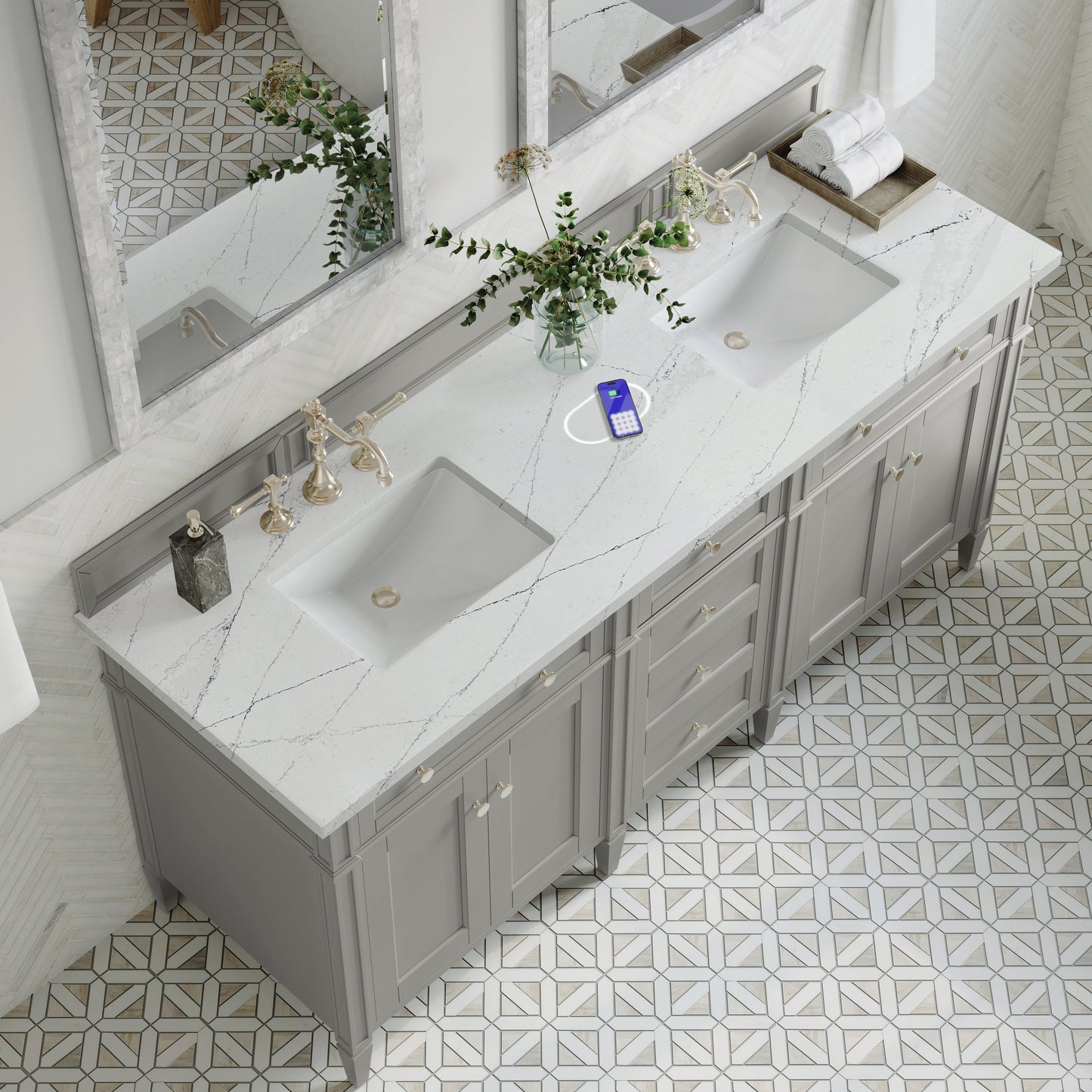 
                  
                    Brittany 72" Double Vanity in Urban Gray Double bathroom Vanity James Martin Vanities FreePower-Enabled Ethereal Noctis Silestone 
                  
                