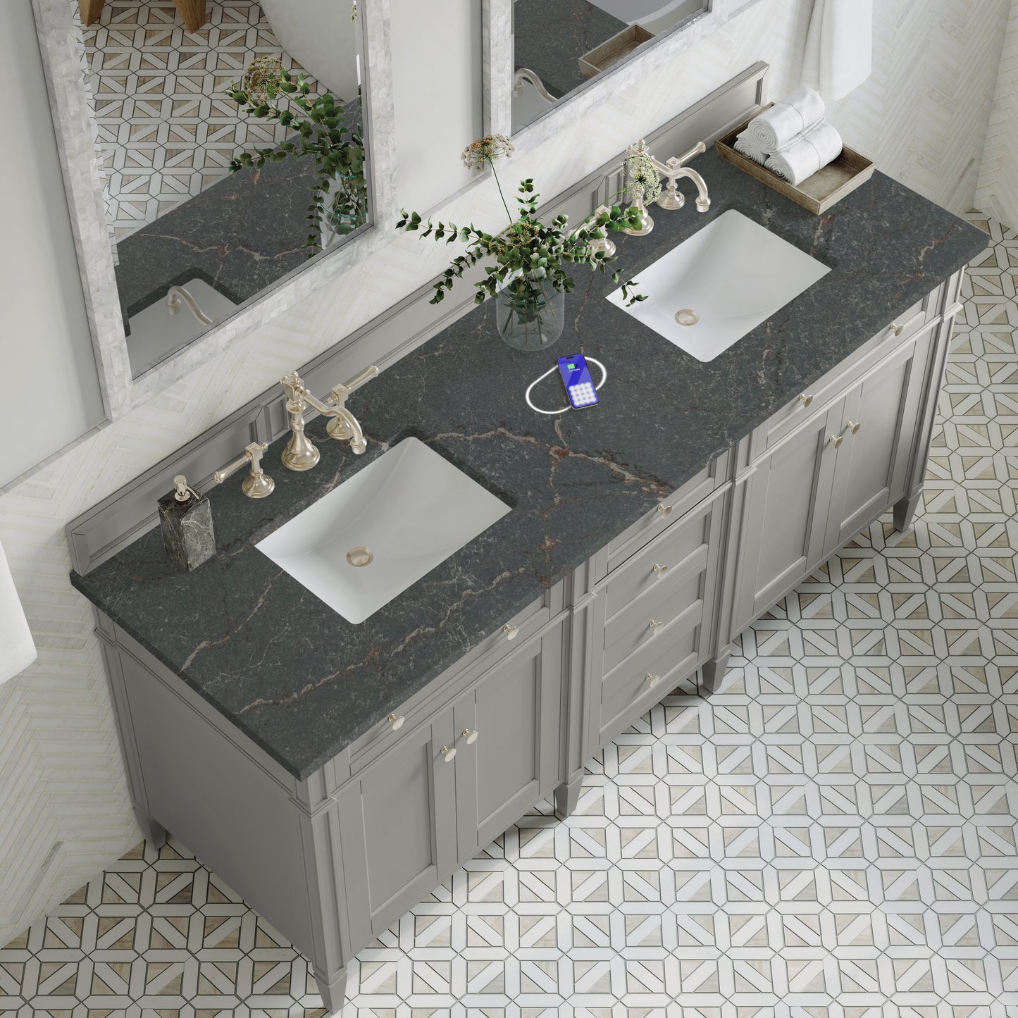 
                  
                    Brittany 72" Double Vanity in Urban Gray Double bathroom Vanity James Martin Vanities FreePower-Enabled Parisien Bleu Silestone 
                  
                