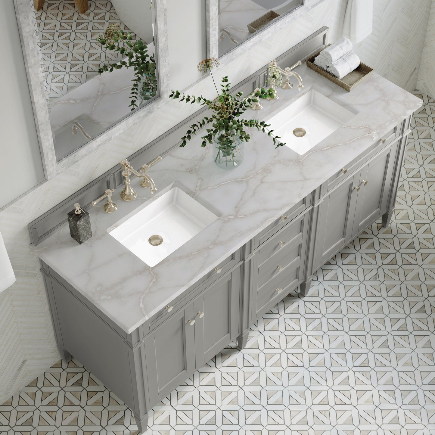 
                  
                    Brittany 72" Double Vanity in Urban Gray Double bathroom Vanity James Martin Vanities Victorian Silver Silestone 
                  
                