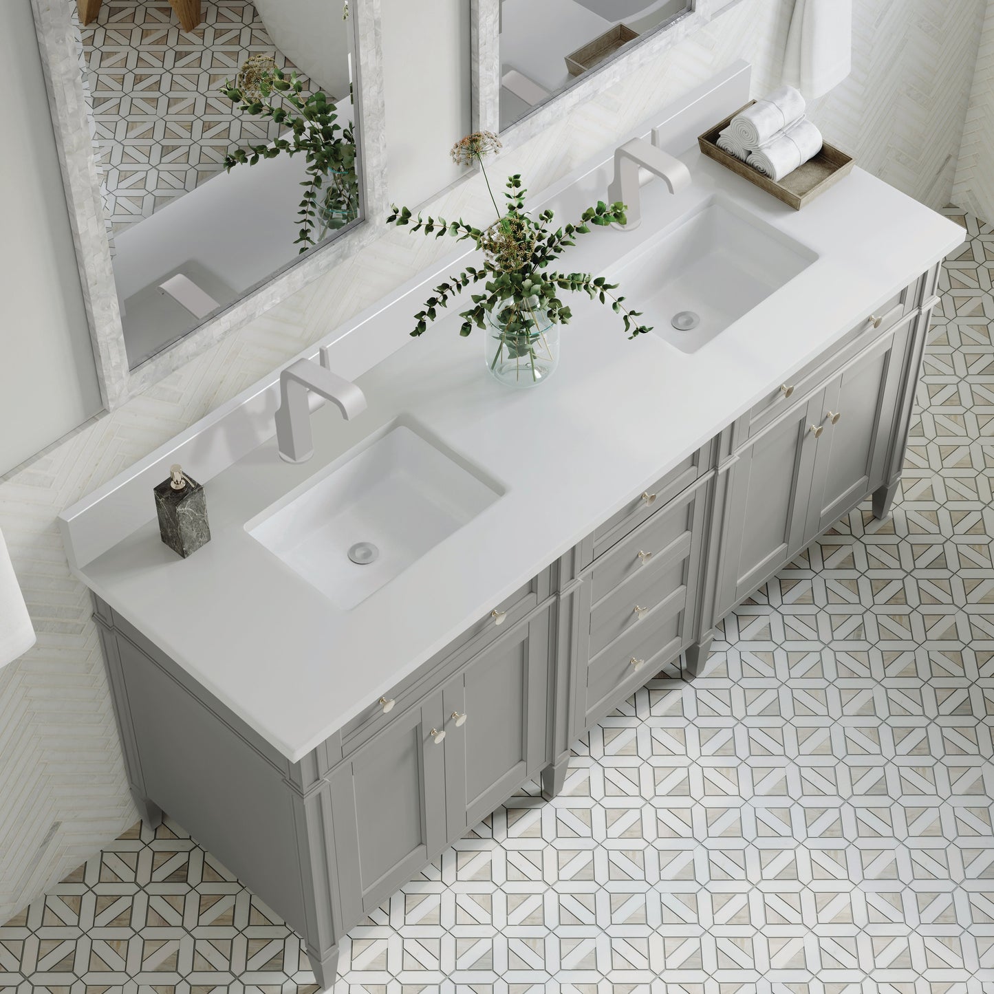 
                  
                    Brittany 72" Double Vanity in Urban Gray Double bathroom Vanity James Martin Vanities White Zeus Single Faucet Silestone Top w/Backsplash 
                  
                