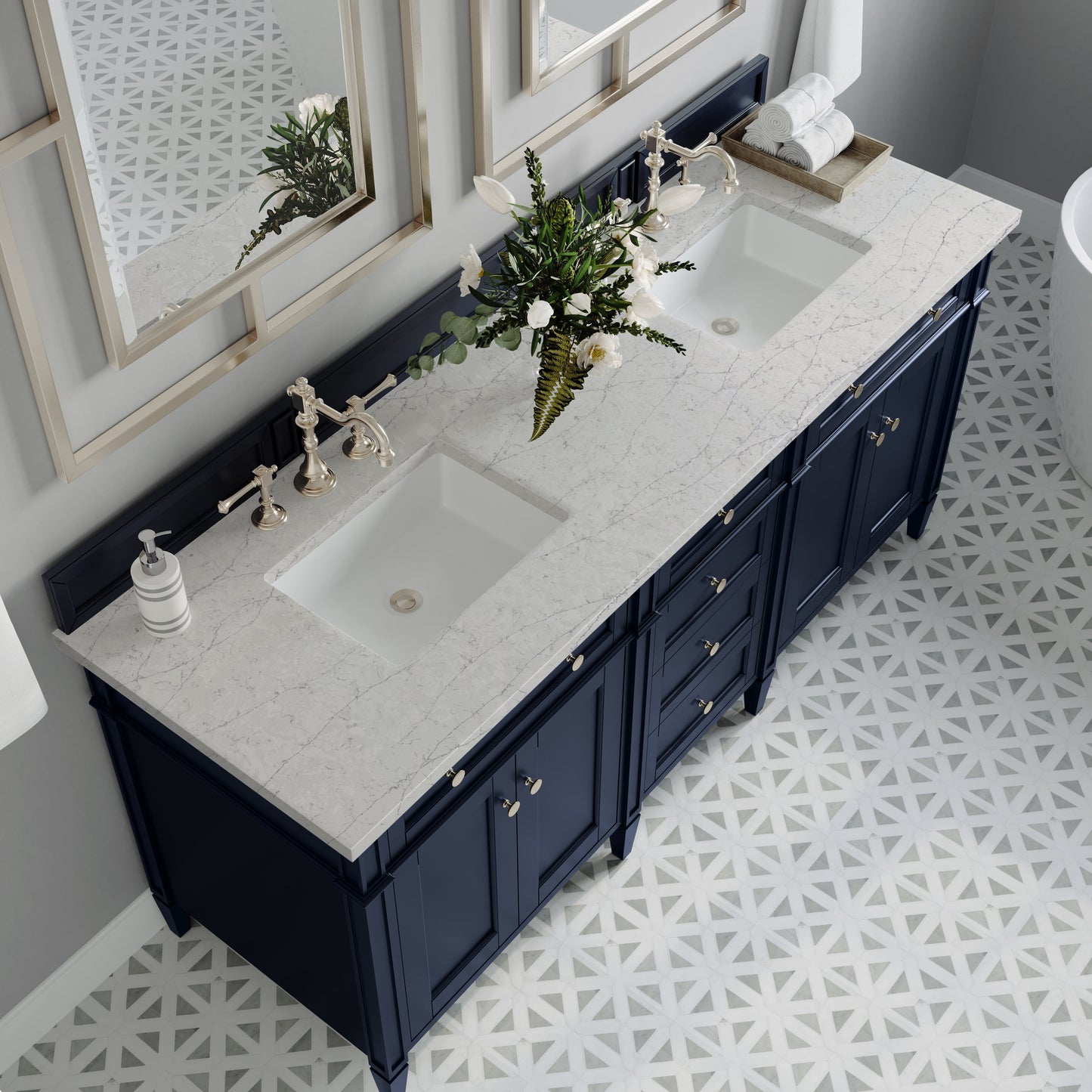 
                  
                    Brittany 72" Double Vanity in Victory Blue Double bathroom Vanity James Martin Vanities Eternal Jasmine Pearl Silestone 
                  
                