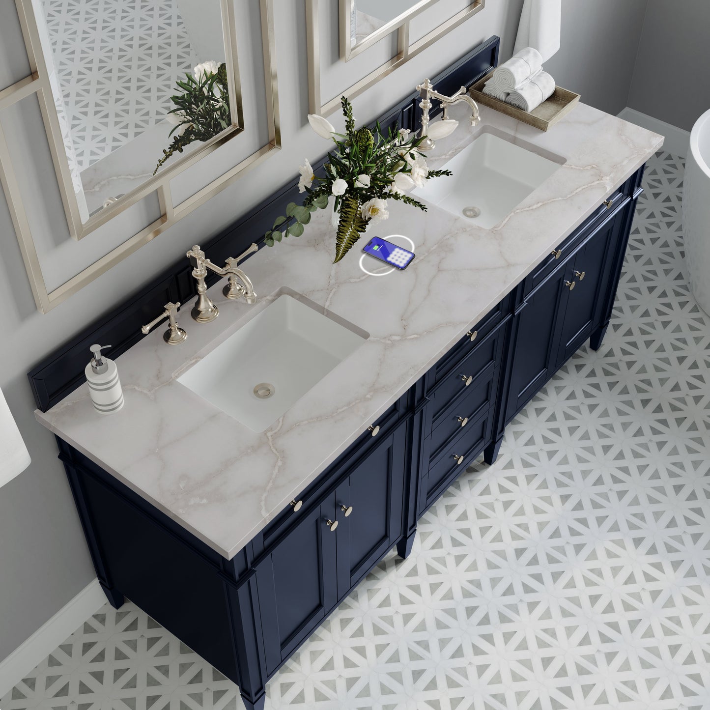 
                  
                    Brittany 72" Double Vanity in Victory Blue Double bathroom Vanity James Martin Vanities FreePower-Enabled Victorian Silver Silestone 
                  
                