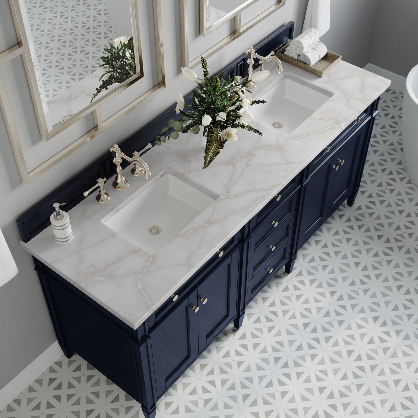 
                  
                    Brittany 72" Double Vanity in Victory Blue Double bathroom Vanity James Martin Vanities Victorian Silver Silestone 
                  
                