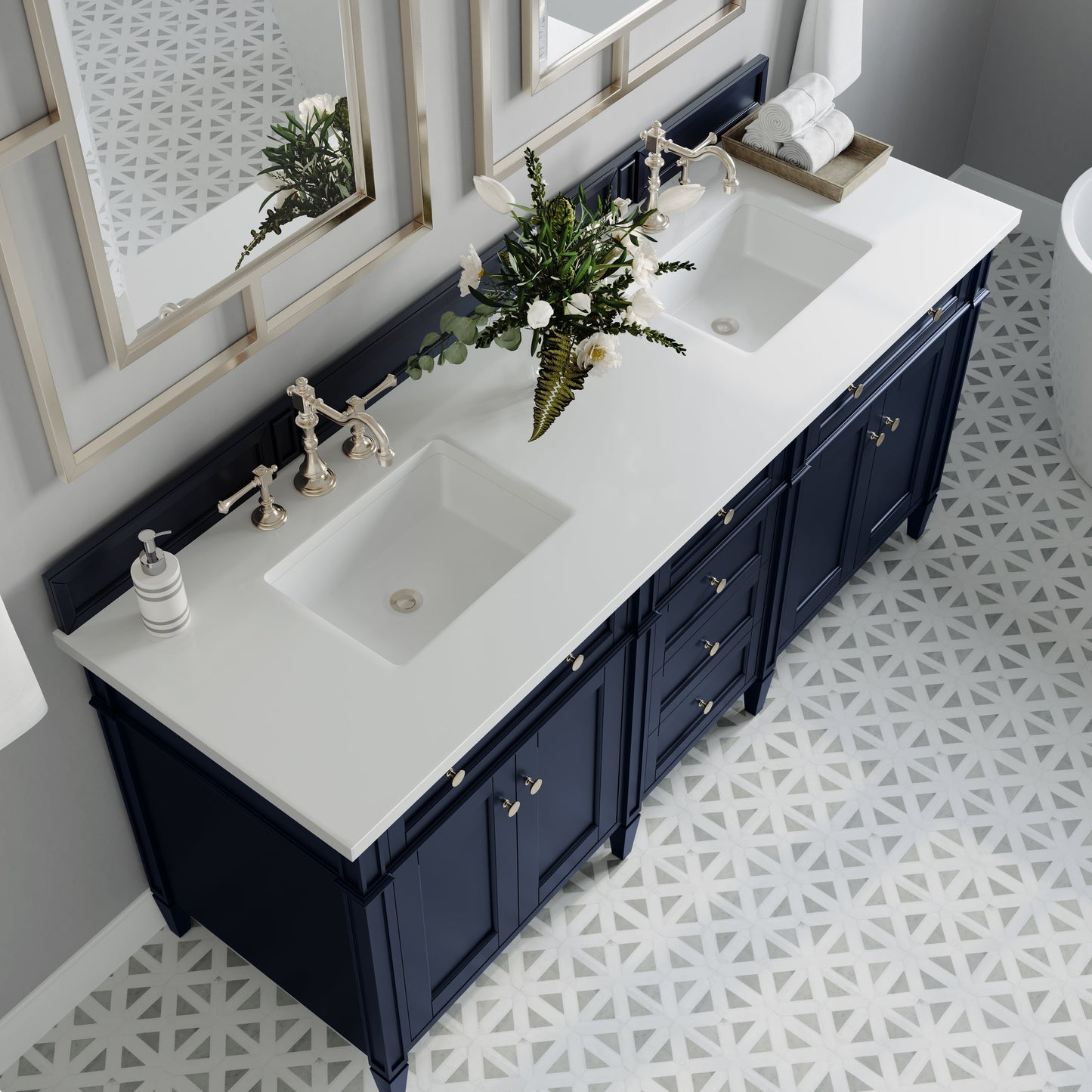 
                  
                    Brittany 72" Double Vanity in Victory Blue Double bathroom Vanity James Martin Vanities White Zeus Silestone 
                  
                