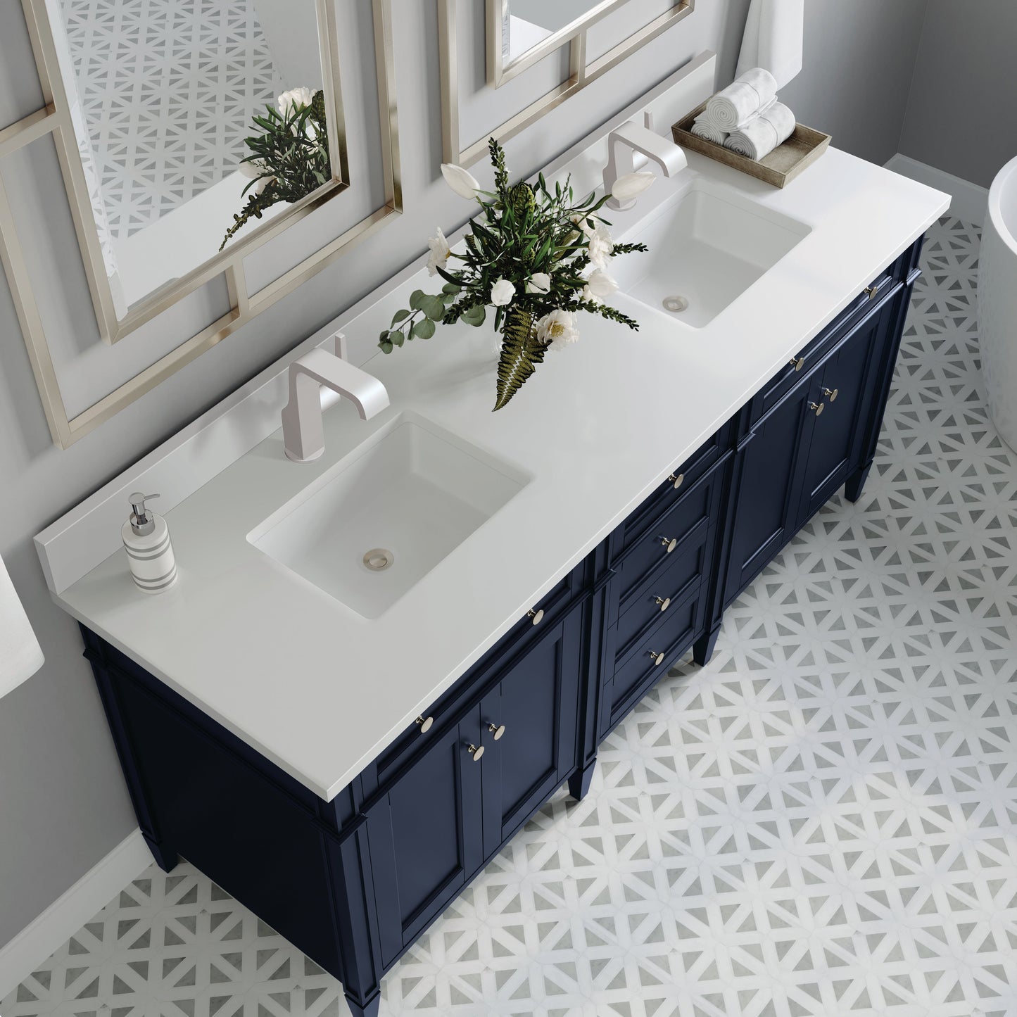 
                  
                    Brittany 72" Double Vanity in Victory Blue Double bathroom Vanity James Martin Vanities White Zeus Single Faucet Silestone Top w/Backsplash 
                  
                