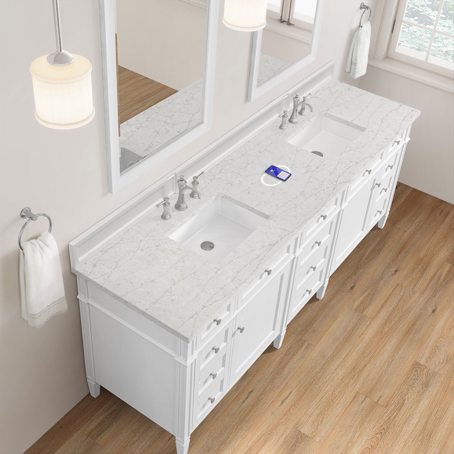 
                  
                    Brittany 84" Double Vanity in Bright White Double bathroom Vanity James Martin Vanities FreePower-Enabled Eternal Jasmine Pearl Silestone 
                  
                