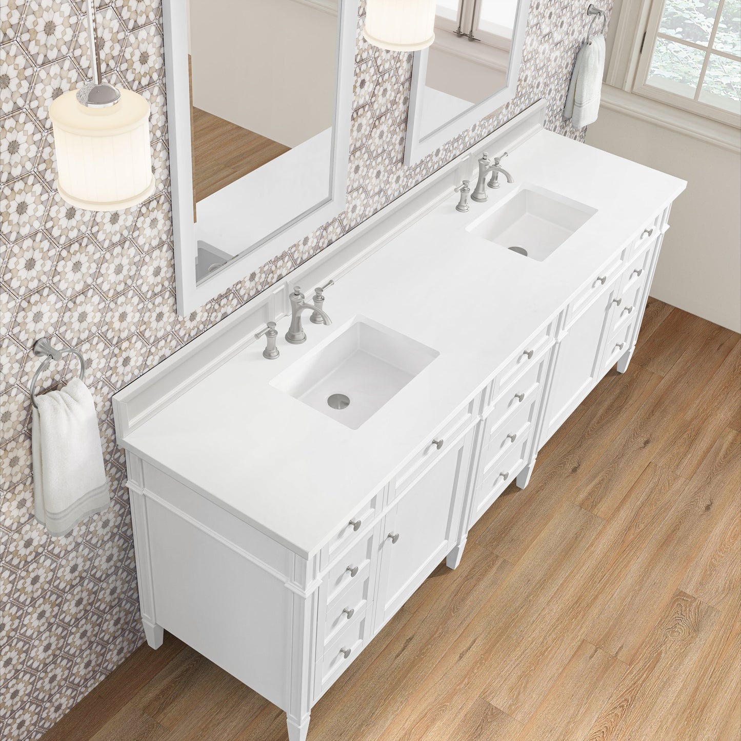 
                  
                    Brittany 84" Double Vanity in Bright White Double bathroom Vanity James Martin Vanities White Zeus Silestone 
                  
                