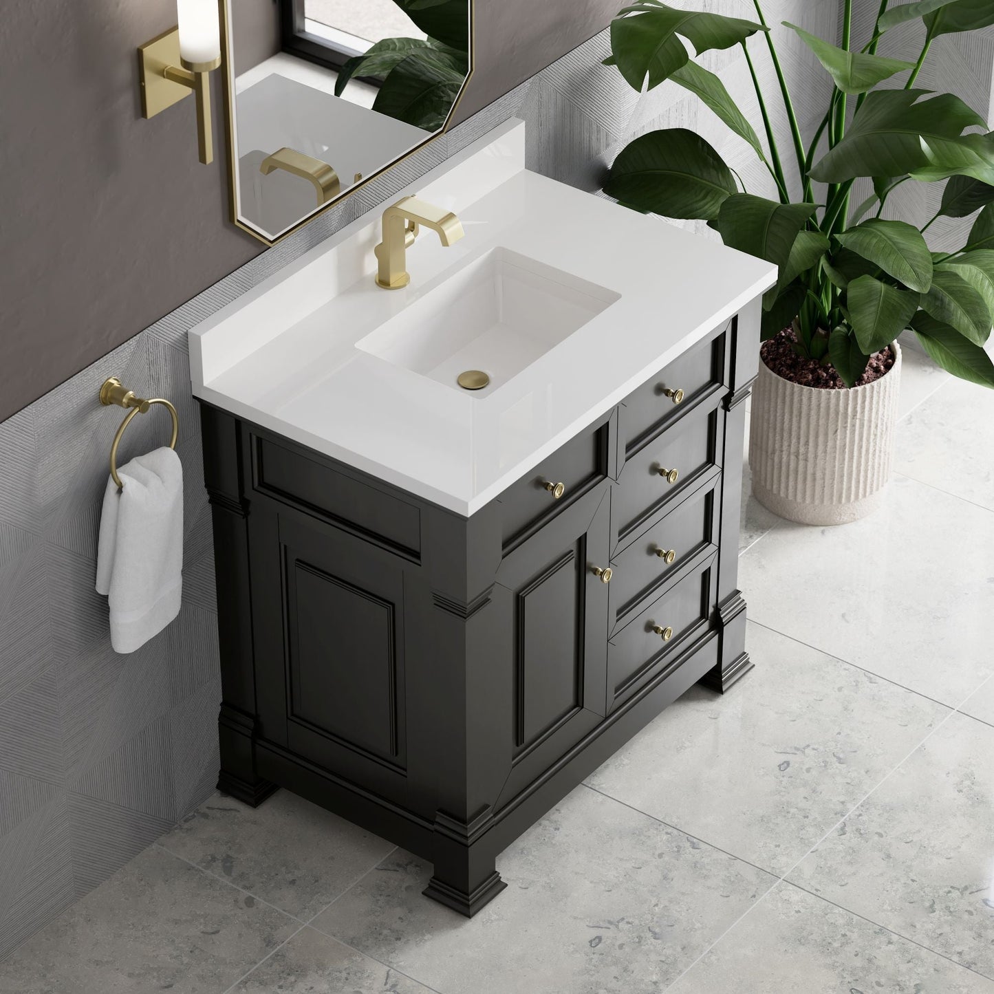 
                  
                    Brookfield 36" Single Vanity in Black Onyx Single Bathroom Vanity James Martin Vanities White Zeus Single Faucet Hole Silestone w/Backsplash 
                  
                