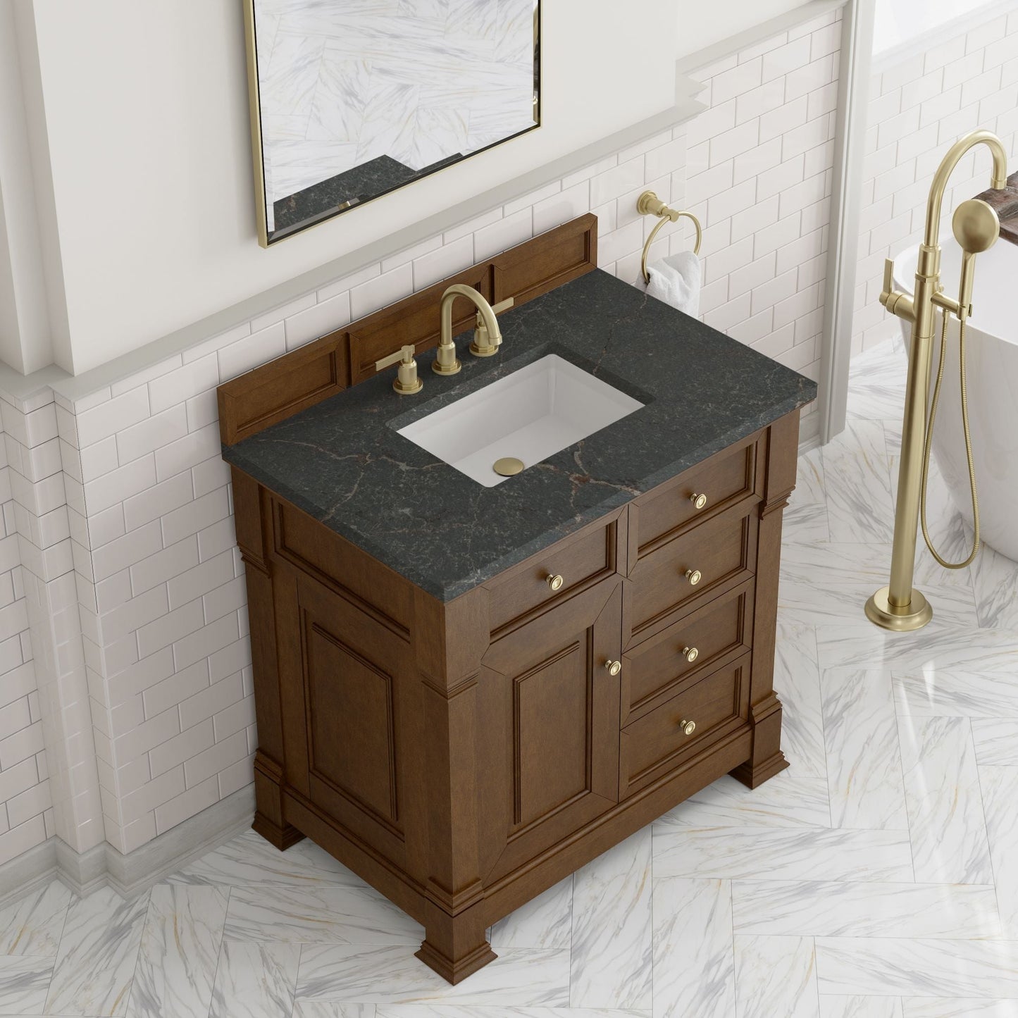 
                  
                    Brookfield 36" Single Vanity in Honey Oak Single Bathroom Vanity James Martin Vanities Parisien Bleu Silestone 
                  
                