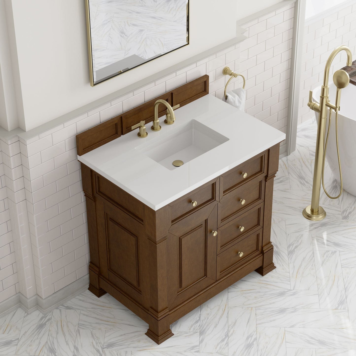 
                  
                    Brookfield 36" Single Vanity in Honey Oak Single Bathroom Vanity James Martin Vanities White Zeus Silestone 
                  
                