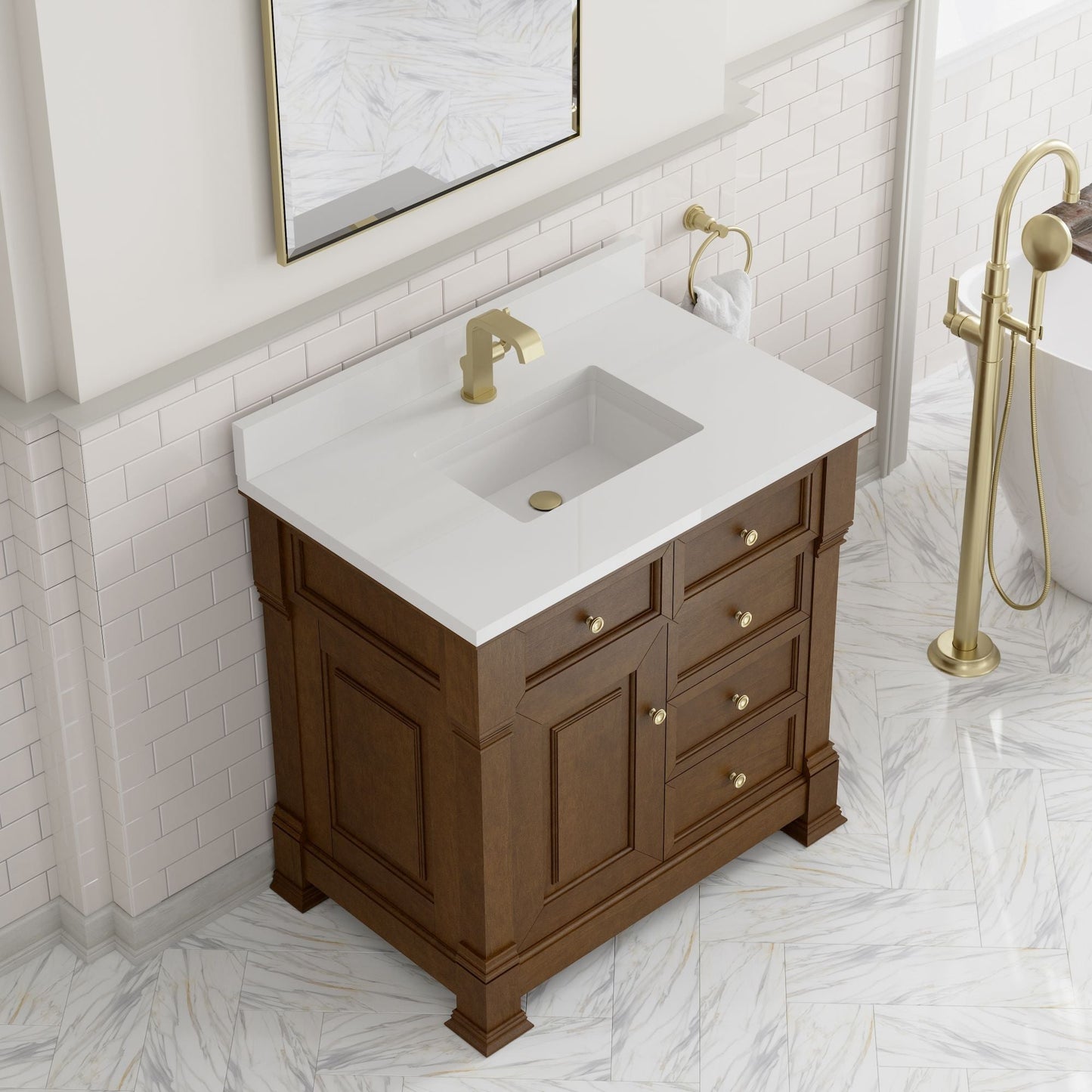 
                  
                    Brookfield 36" Single Vanity in Honey Oak Single Bathroom Vanity James Martin Vanities White Zeus Single Faucet Hole Silestone w/Backsplash 
                  
                