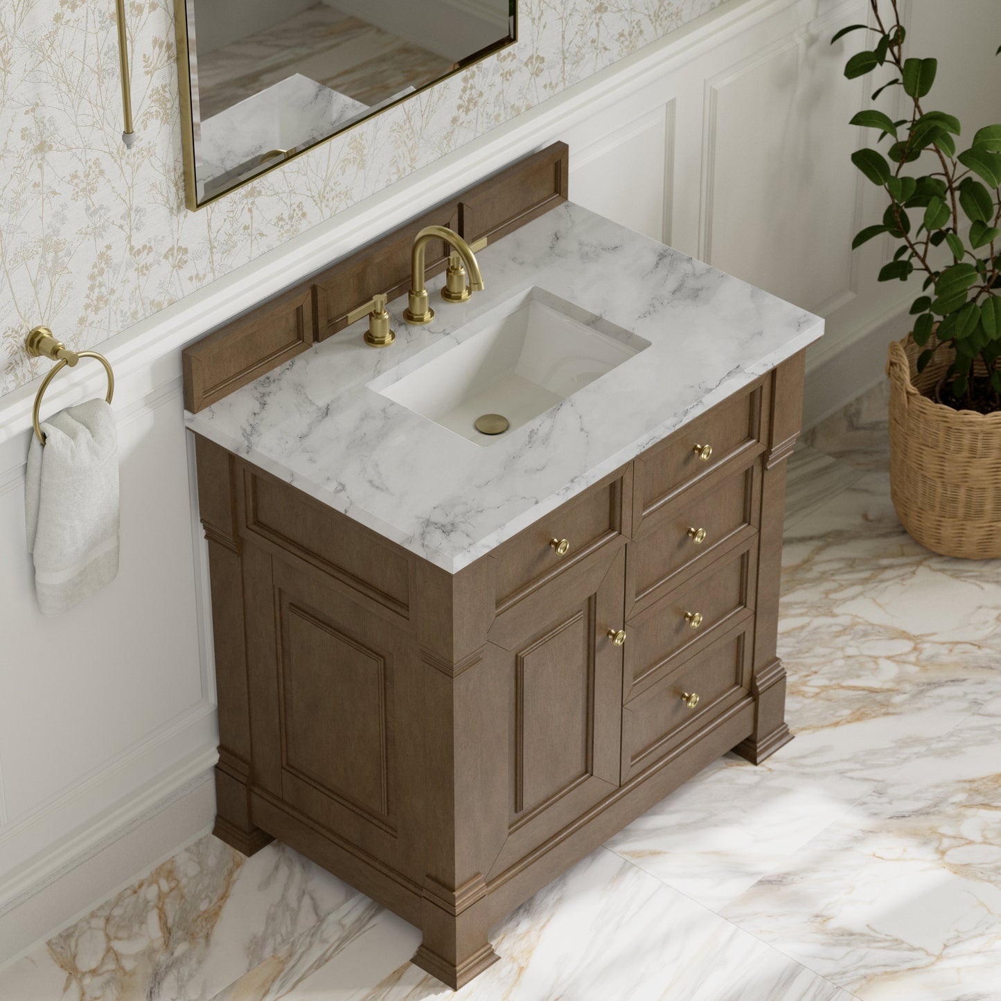
                  
                    Brookfield 36" Single Vanity in Pecan Single Bathroom Vanity James Martin Vanities Carrara White Marble 
                  
                