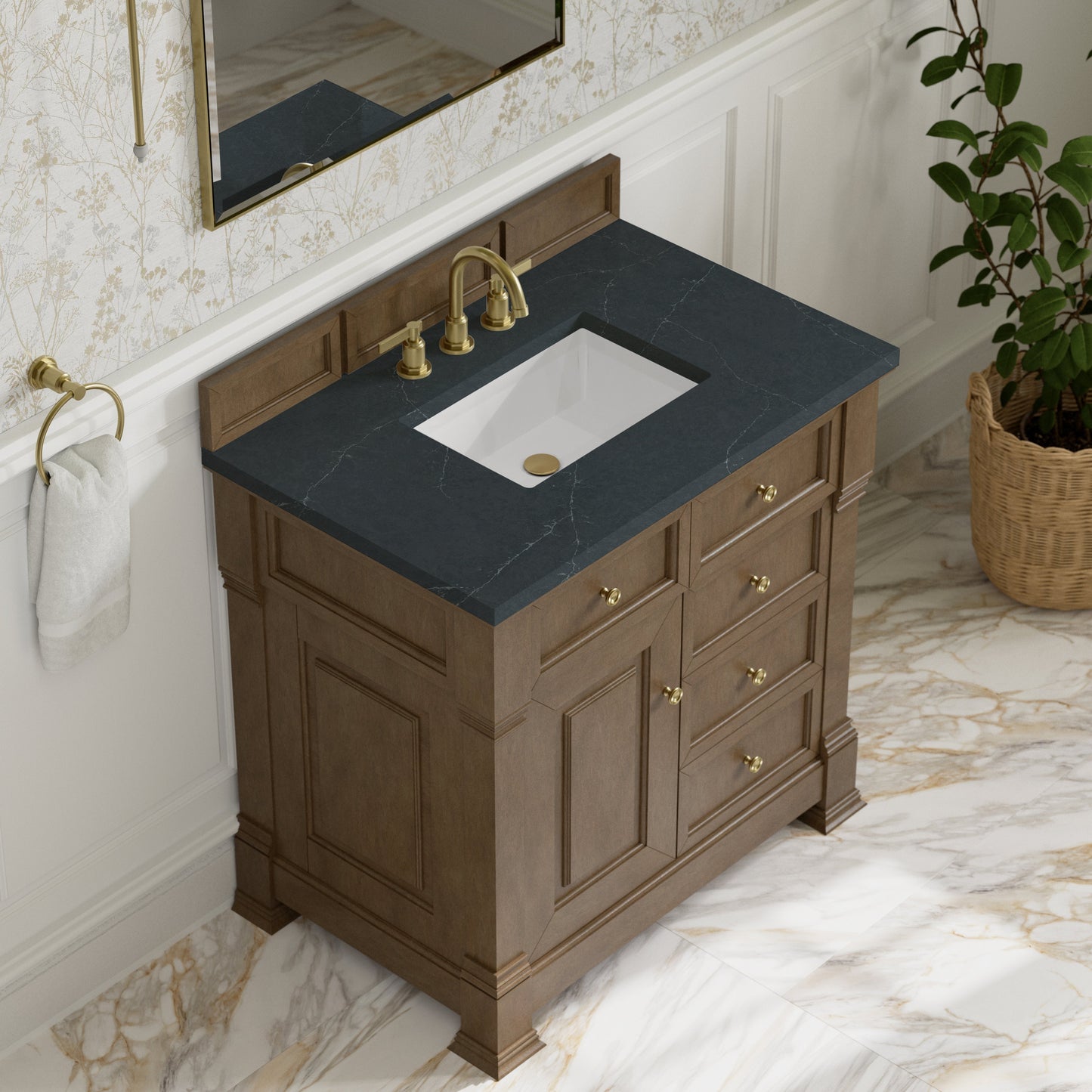 
                  
                    Brookfield 36" Single Vanity in Pecan Single Bathroom Vanity James Martin Vanities Charcoal Soapstone Silestone 
                  
                