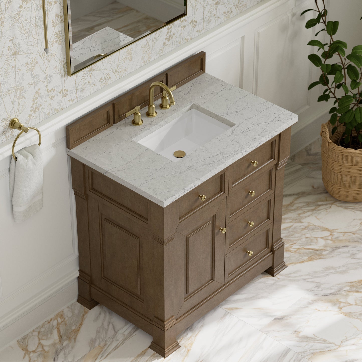 
                  
                    Brookfield 36" Single Vanity in Pecan Single Bathroom Vanity James Martin Vanities Eternal Pearl Jasmine Silestone 
                  
                