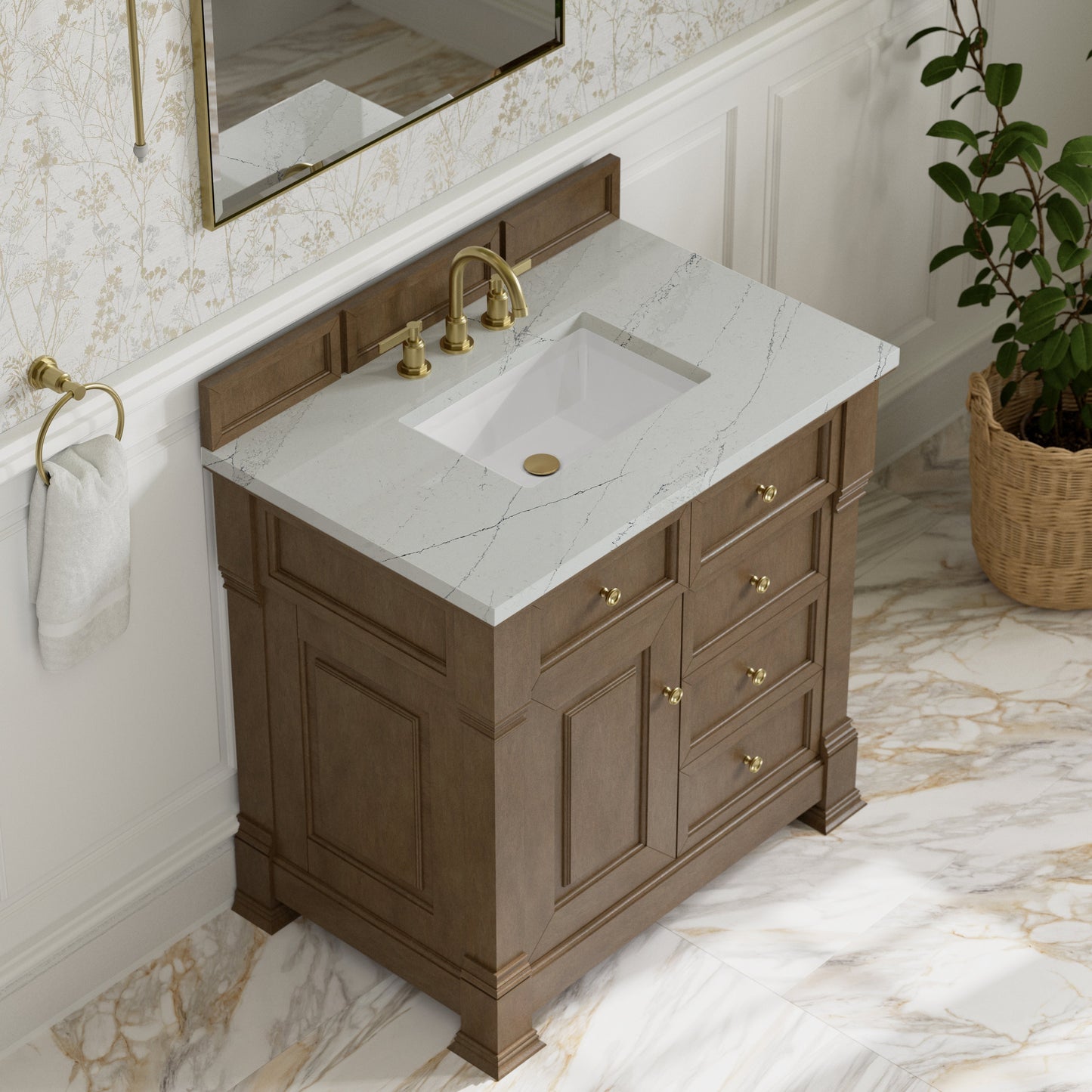 
                  
                    Brookfield 36" Single Vanity in Pecan Single Bathroom Vanity James Martin Vanities Ethereal Noctis Silestone 
                  
                