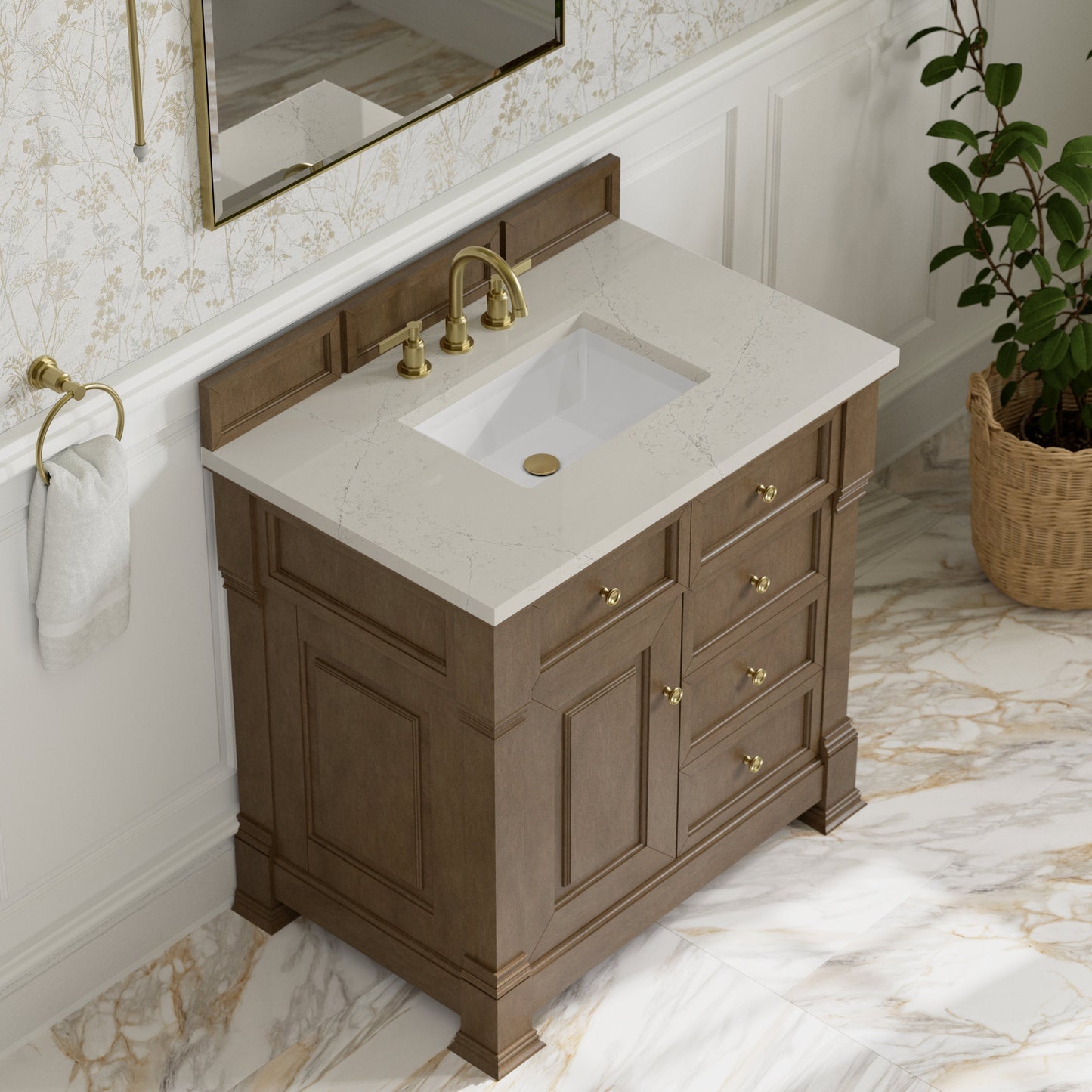 
                  
                    Brookfield 36" Single Vanity in Pecan Single Bathroom Vanity James Martin Vanities Siberian Silestone 
                  
                