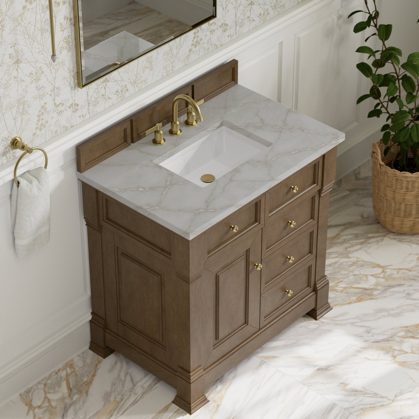 
                  
                    Brookfield 36" Single Vanity in Pecan Single Bathroom Vanity James Martin Vanities Victorian Silver Silestone 
                  
                