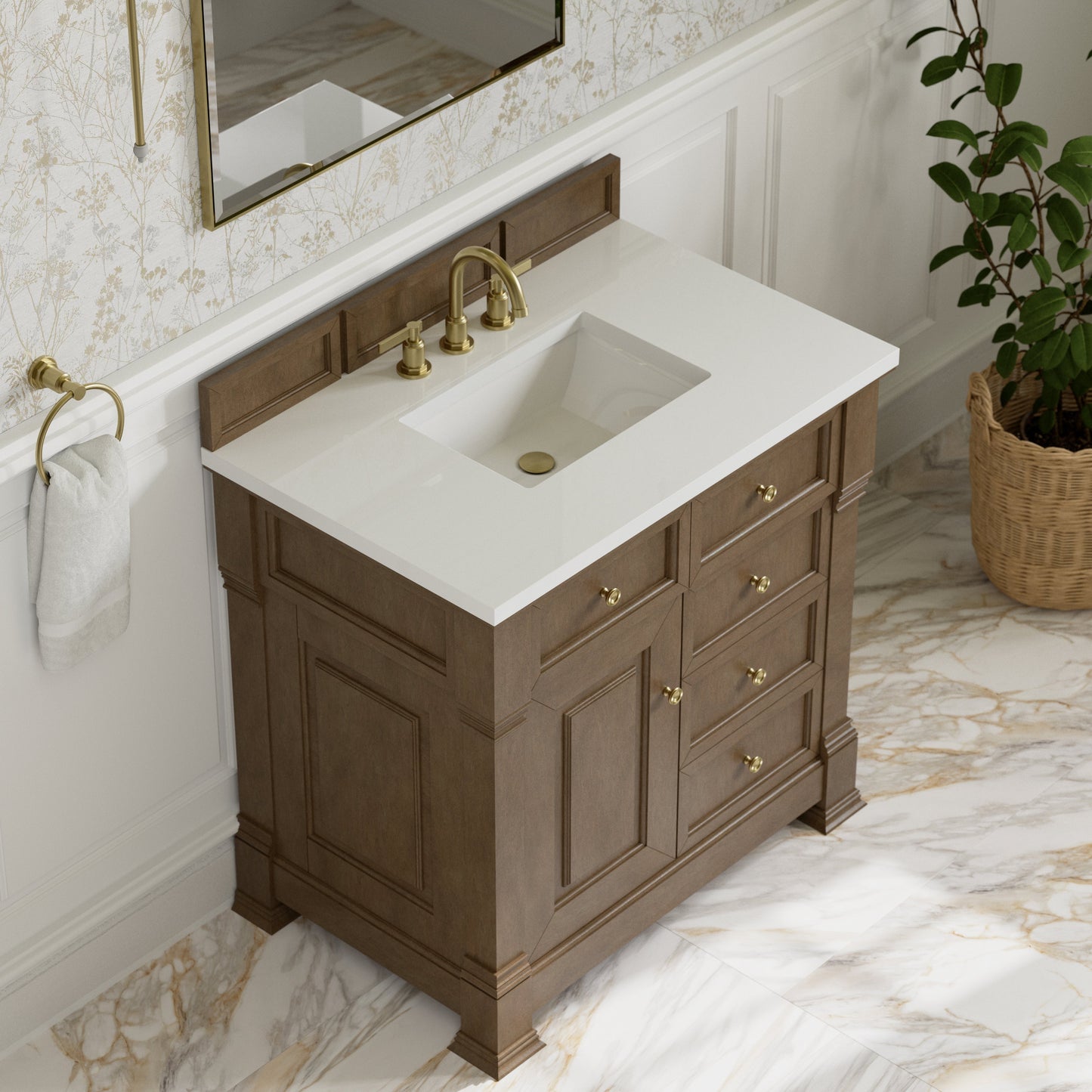 
                  
                    Brookfield 36" Single Vanity in Pecan Single Bathroom Vanity James Martin Vanities White Zeus Silestone 
                  
                