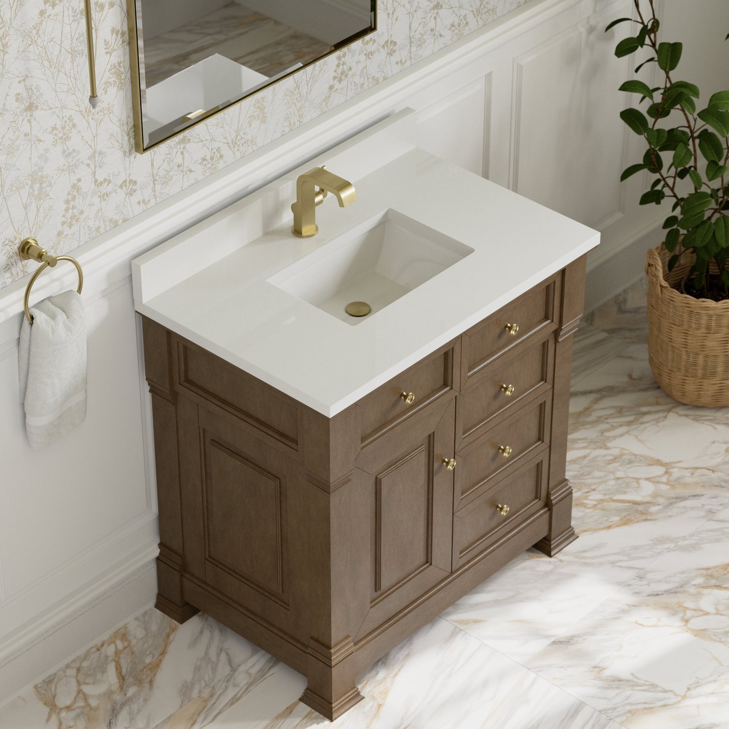 
                  
                    Brookfield 36" Single Vanity in Pecan Single Bathroom Vanity James Martin Vanities White Zeus Single Faucet Hole Silestone w/Backsplash 
                  
                