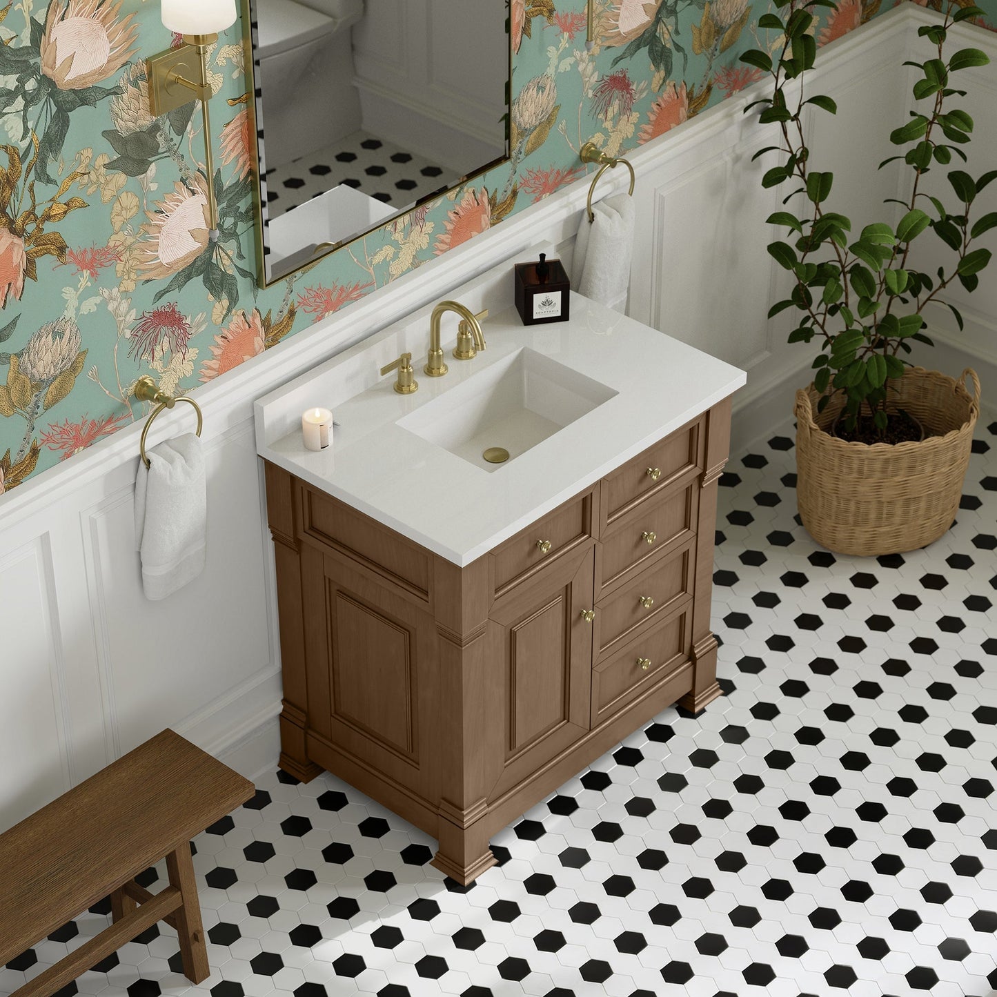 
                  
                    Brookfield 36" Single Vanity in Pecan Single Bathroom Vanity James Martin Vanities White Zeus Single Faucet Hole Silestone w/Backsplash 
                  
                