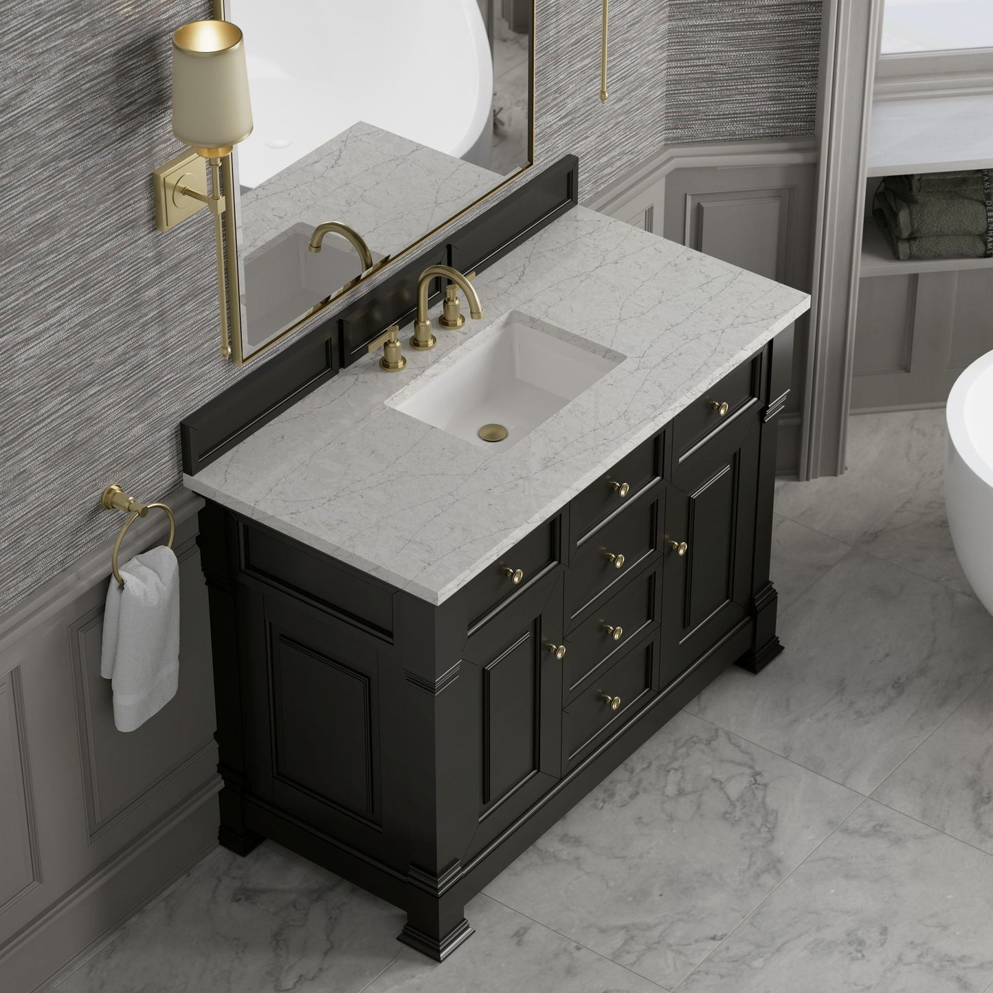 
                  
                    Brookfield 48" Single Vanity in Black Onyx Single Bathroom Vanity James Martin Vanities Eternal Pearl Jasmine Silestone 
                  
                