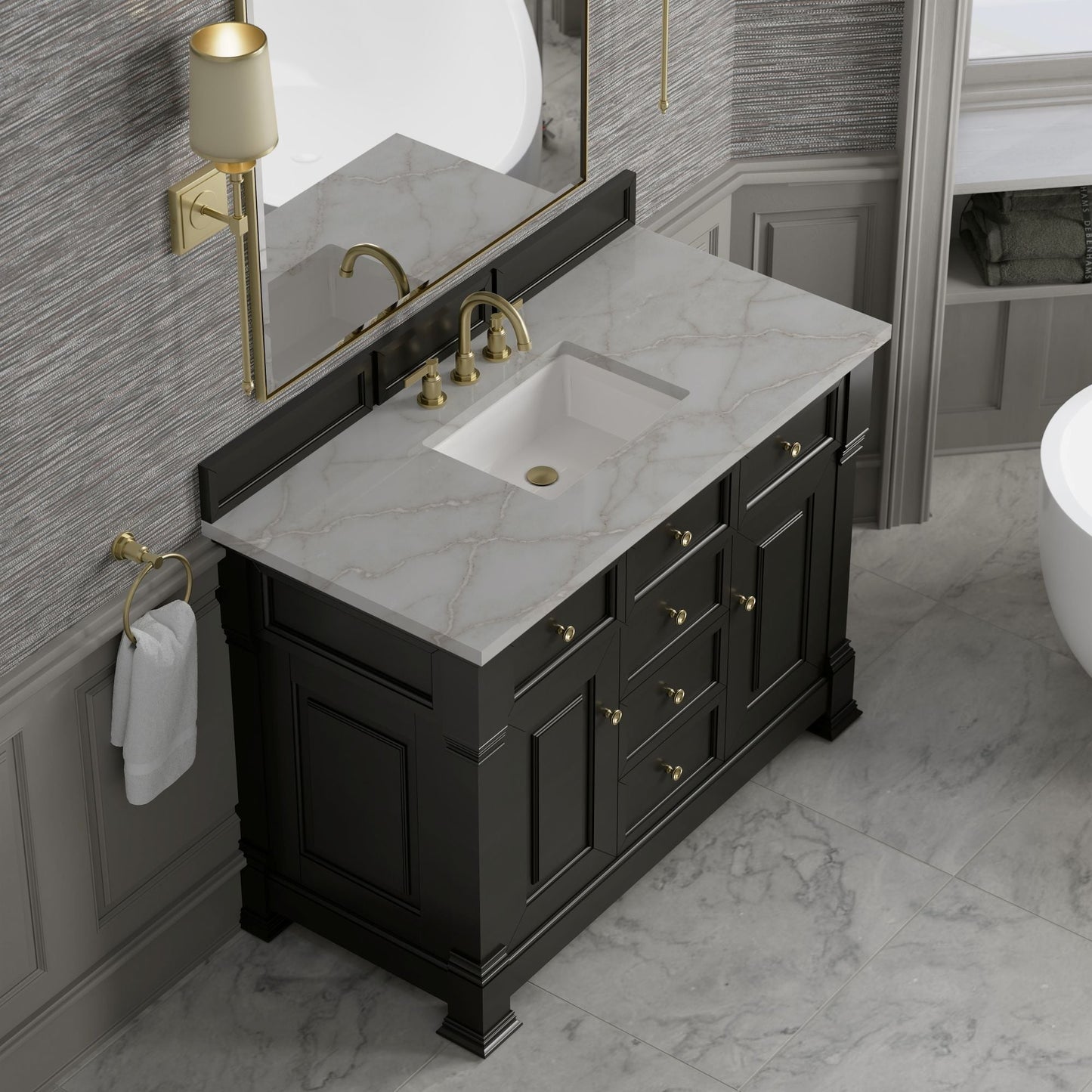 
                  
                    Brookfield 48" Single Vanity in Black Onyx Single Bathroom Vanity James Martin Vanities Victorian Silver Silestone 
                  
                