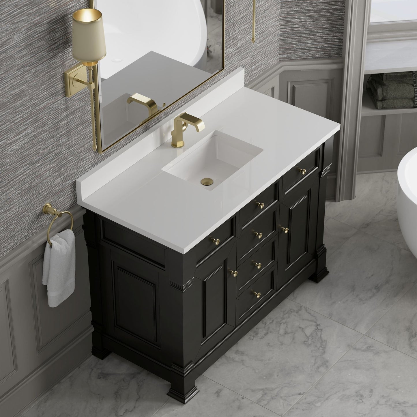
                  
                    Brookfield 48" Single Vanity in Black Onyx Single Bathroom Vanity James Martin Vanities White Zeus Single Faucet Hole Silestone w/Backsplash 
                  
                