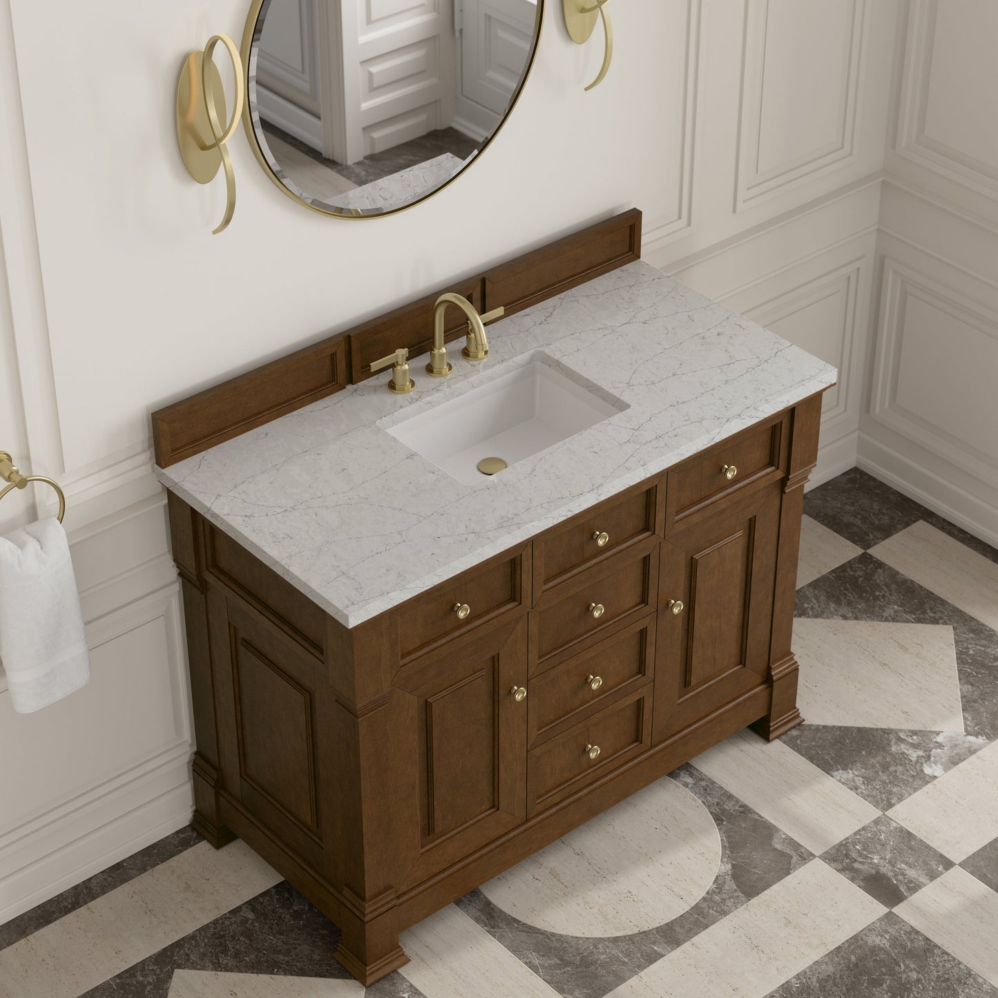 
                  
                    Brookfield 48" Single Vanity in Honey Oak Single Bathroom Vanity James Martin Vanities Eternal Pearl Jasmine Silestone 
                  
                