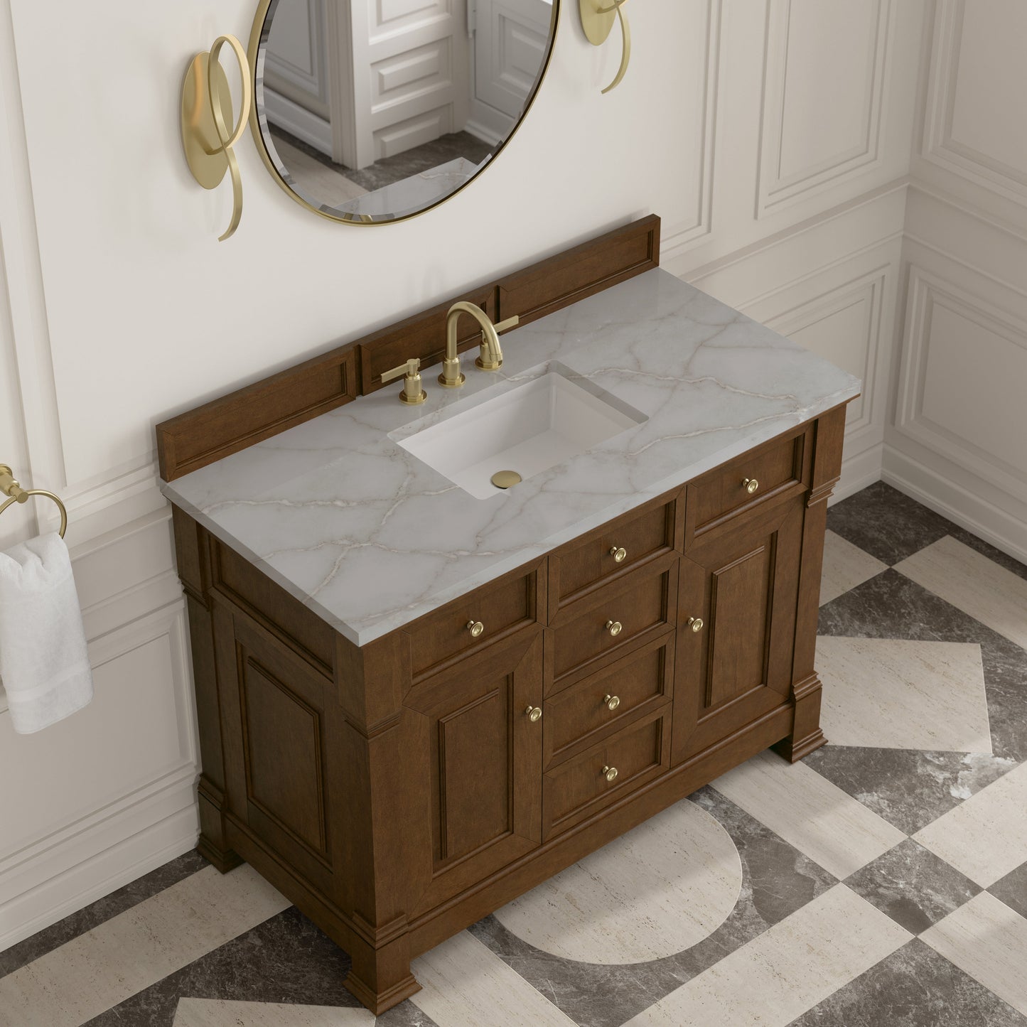 
                  
                    Brookfield 48" Single Vanity in Honey Oak Single Bathroom Vanity James Martin Vanities Victorian Silver Silestone 
                  
                