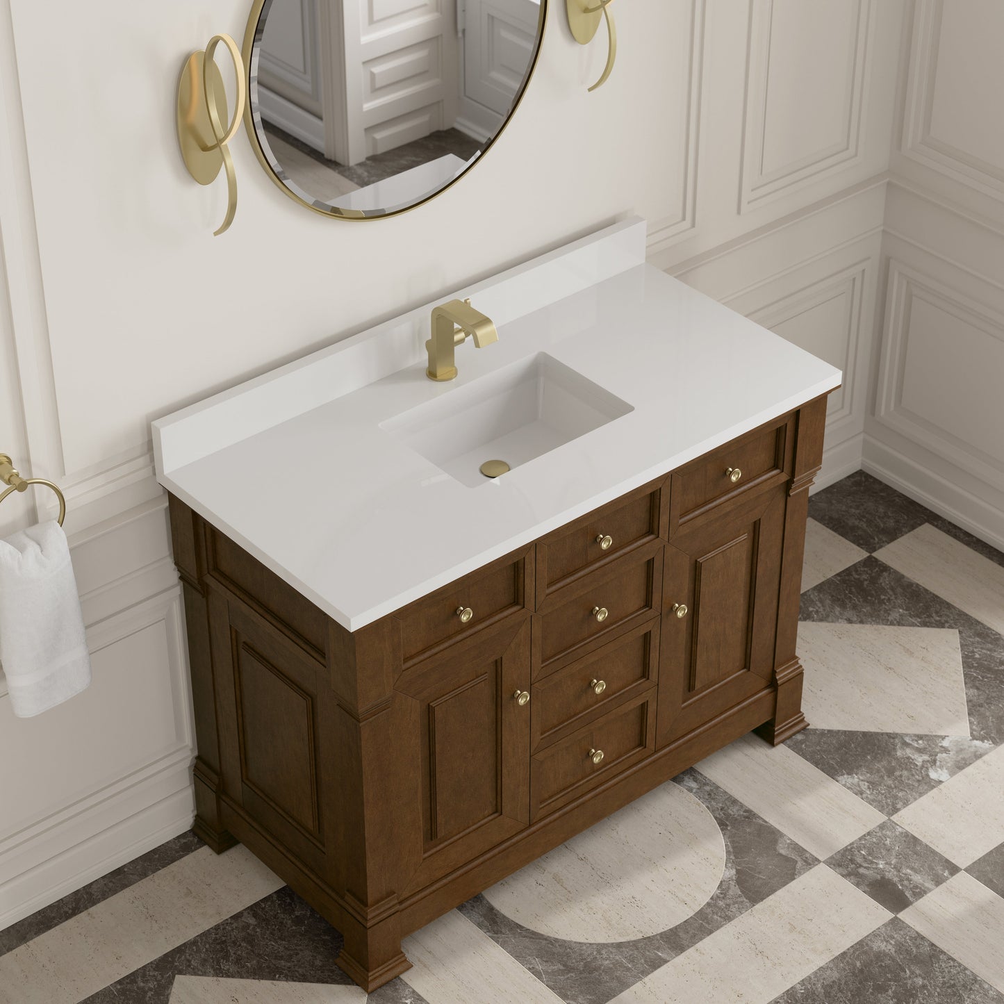 
                  
                    Brookfield 48" Single Vanity in Honey Oak Single Bathroom Vanity James Martin Vanities White Zeus Single Faucet Hole Silestone w/Backsplash 
                  
                