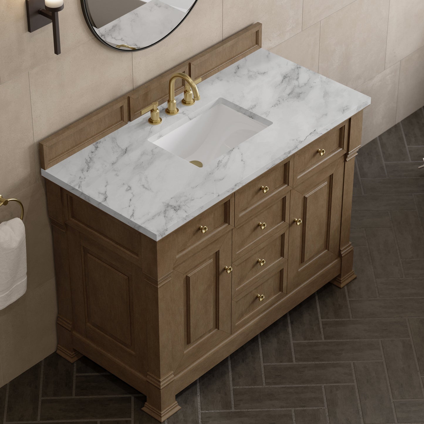 
                  
                    Brookfield 48" Single Vanity in Pecan Single Bathroom Vanity James Martin Vanities Carrara White Marble 
                  
                
