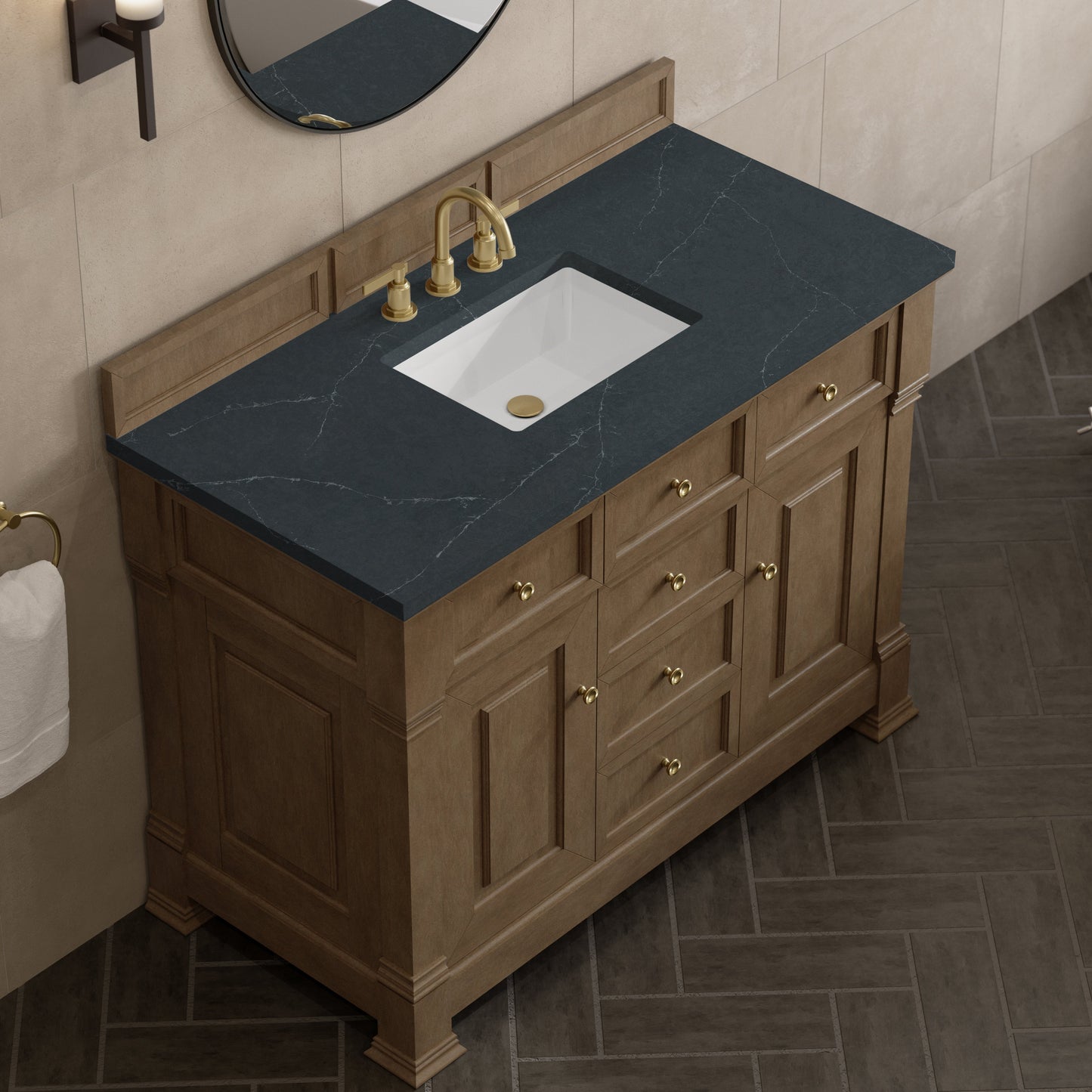 
                  
                    Brookfield 48" Single Vanity in Pecan Single Bathroom Vanity James Martin Vanities Charcoal Soapstone Silestone 
                  
                