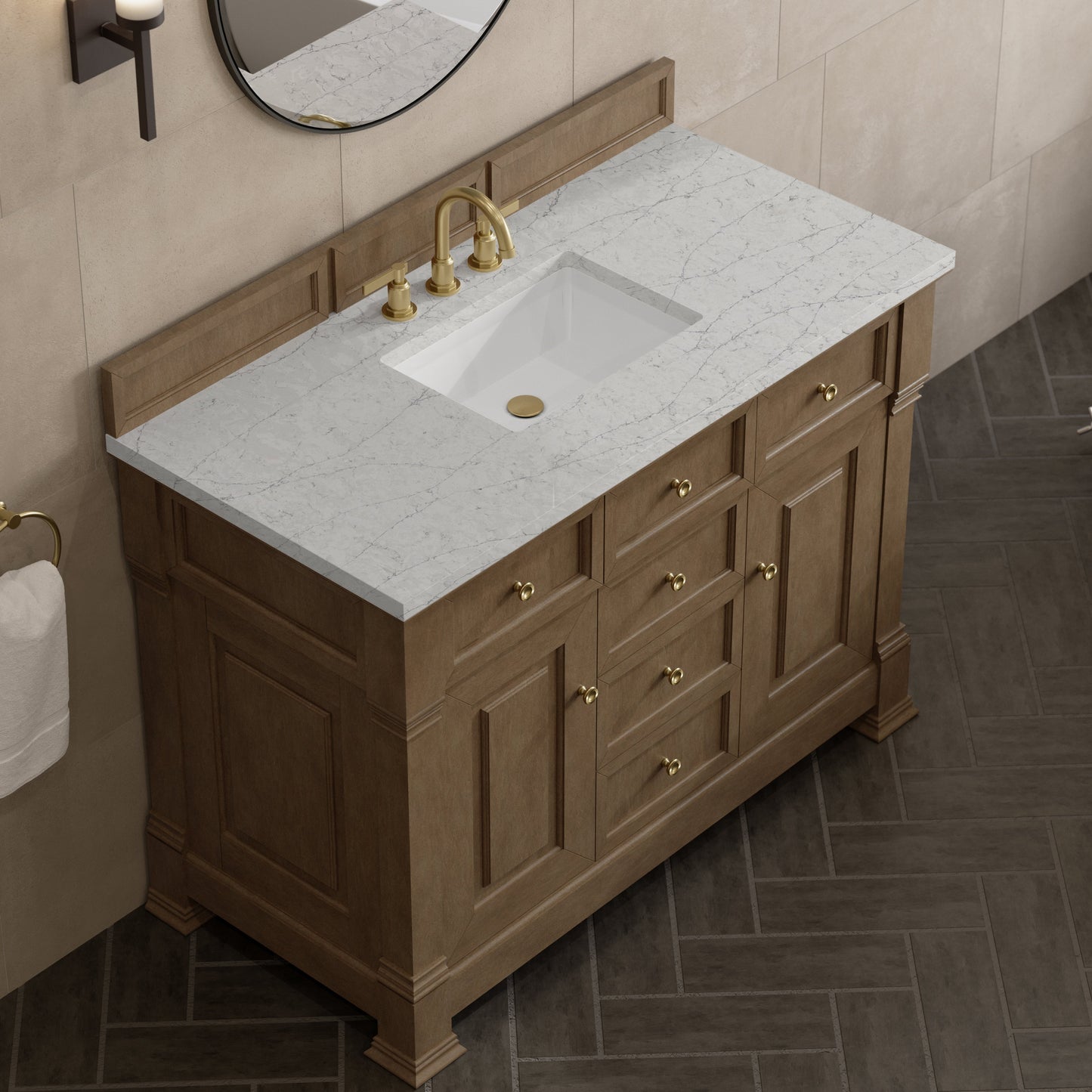 
                  
                    Brookfield 48" Single Vanity in Pecan Single Bathroom Vanity James Martin Vanities Eternal Pearl Jasmine Silestone 
                  
                