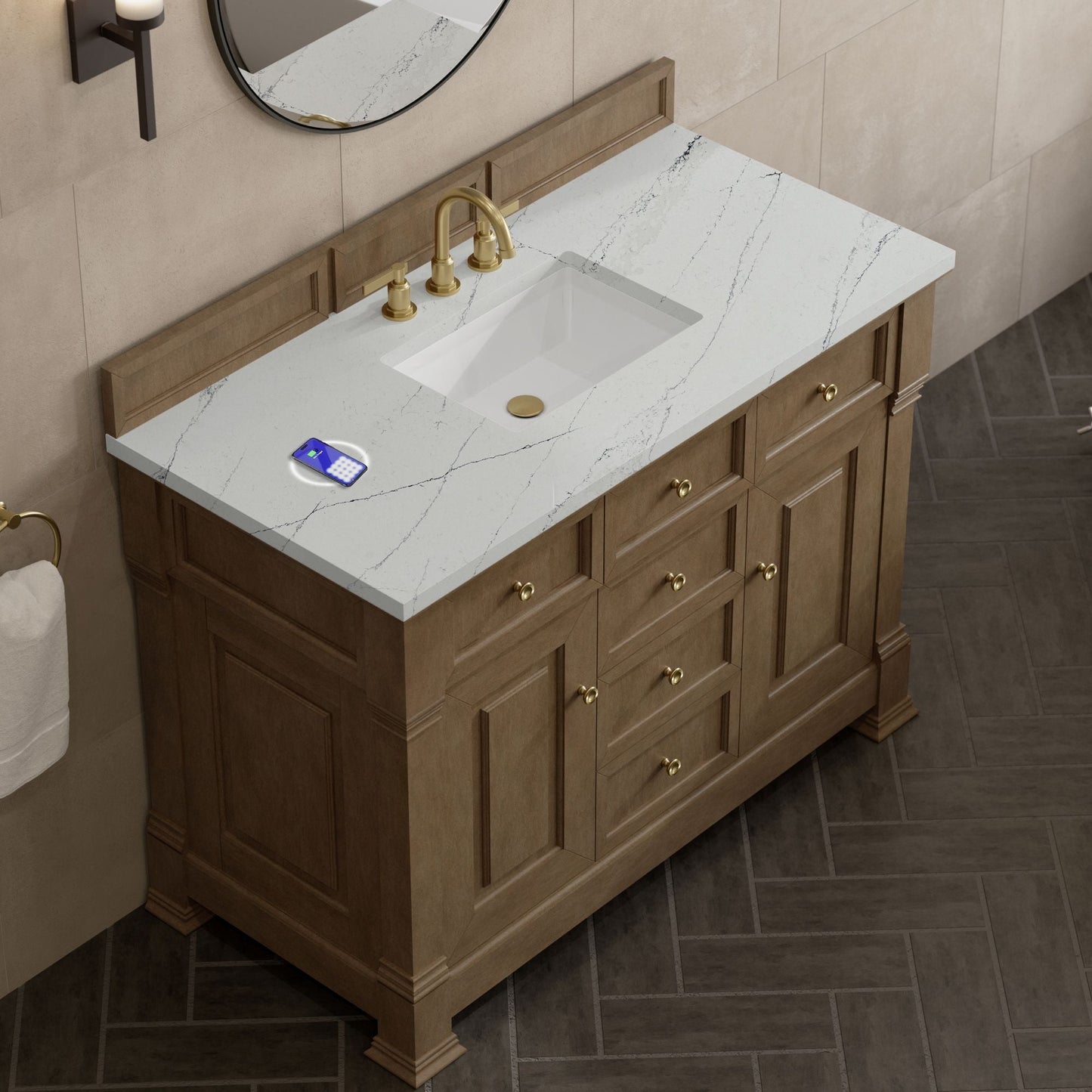 
                  
                    Brookfield 48" Single Vanity in Pecan Single Bathroom Vanity James Martin Vanities FreePower-Enabled Ethereal Noctis Silestone 
                  
                