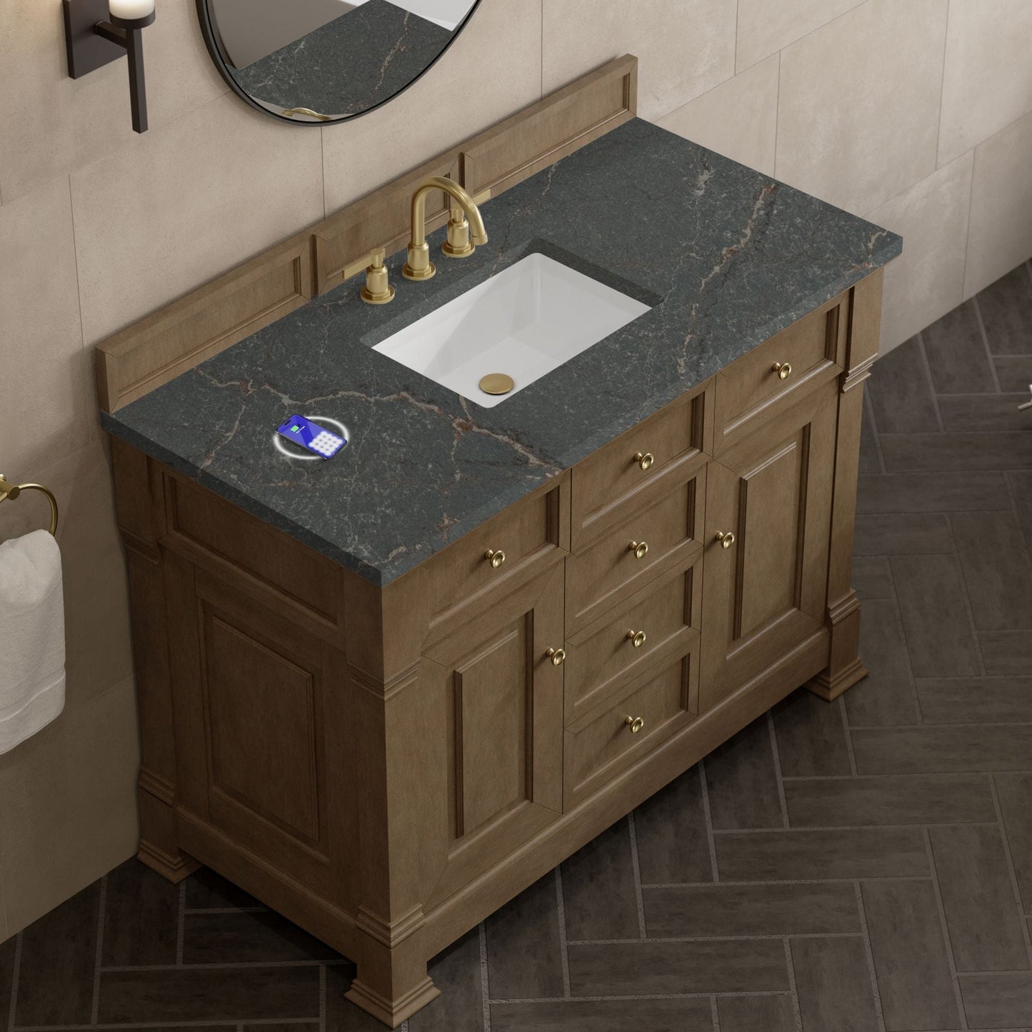 
                  
                    Brookfield 48" Single Vanity in Pecan Single Bathroom Vanity James Martin Vanities FreePower-Enabled Parisien Bleu Silestone 
                  
                