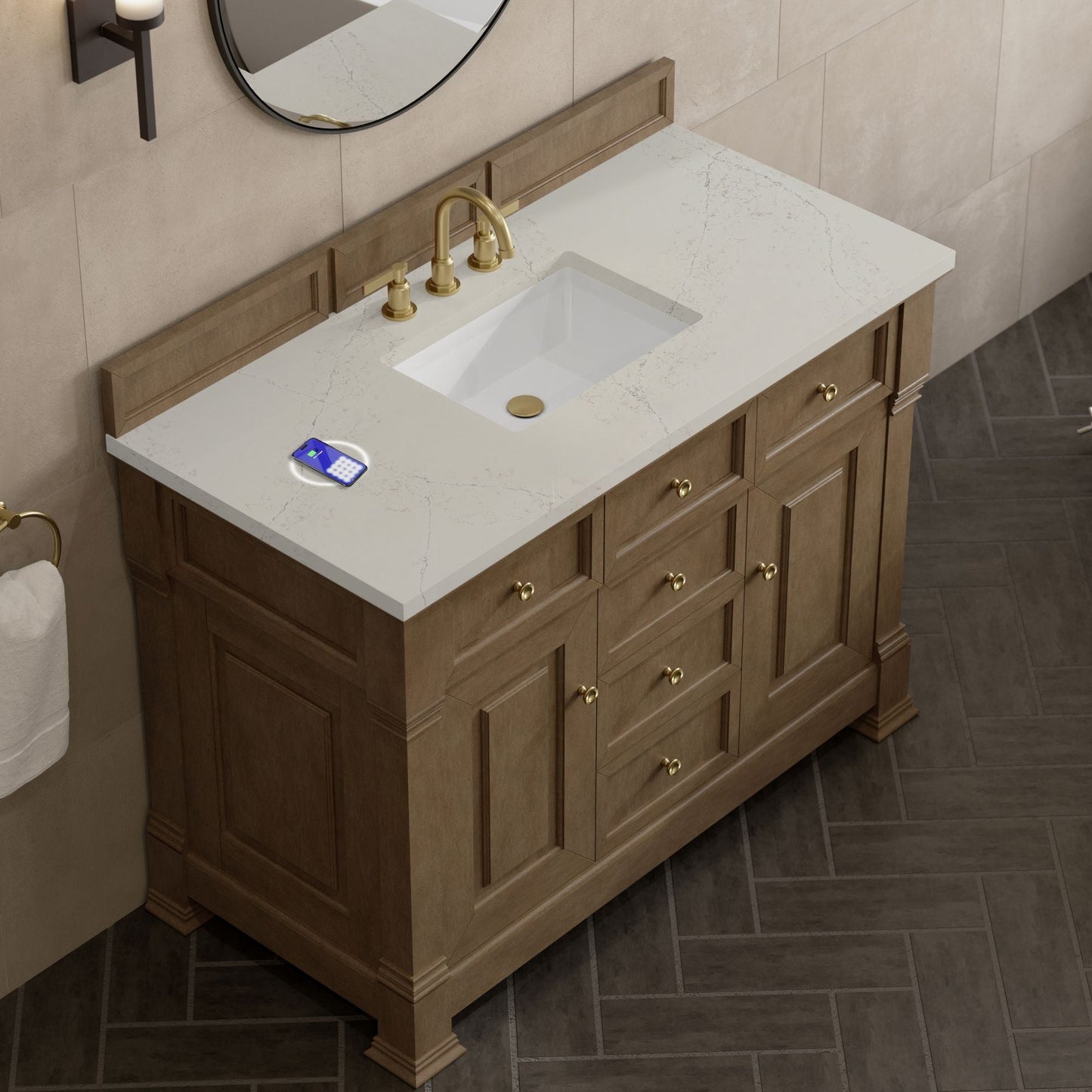 
                  
                    Brookfield 48" Single Vanity in Pecan Single Bathroom Vanity James Martin Vanities FreePower-Enabled Siberian Silestone 
                  
                