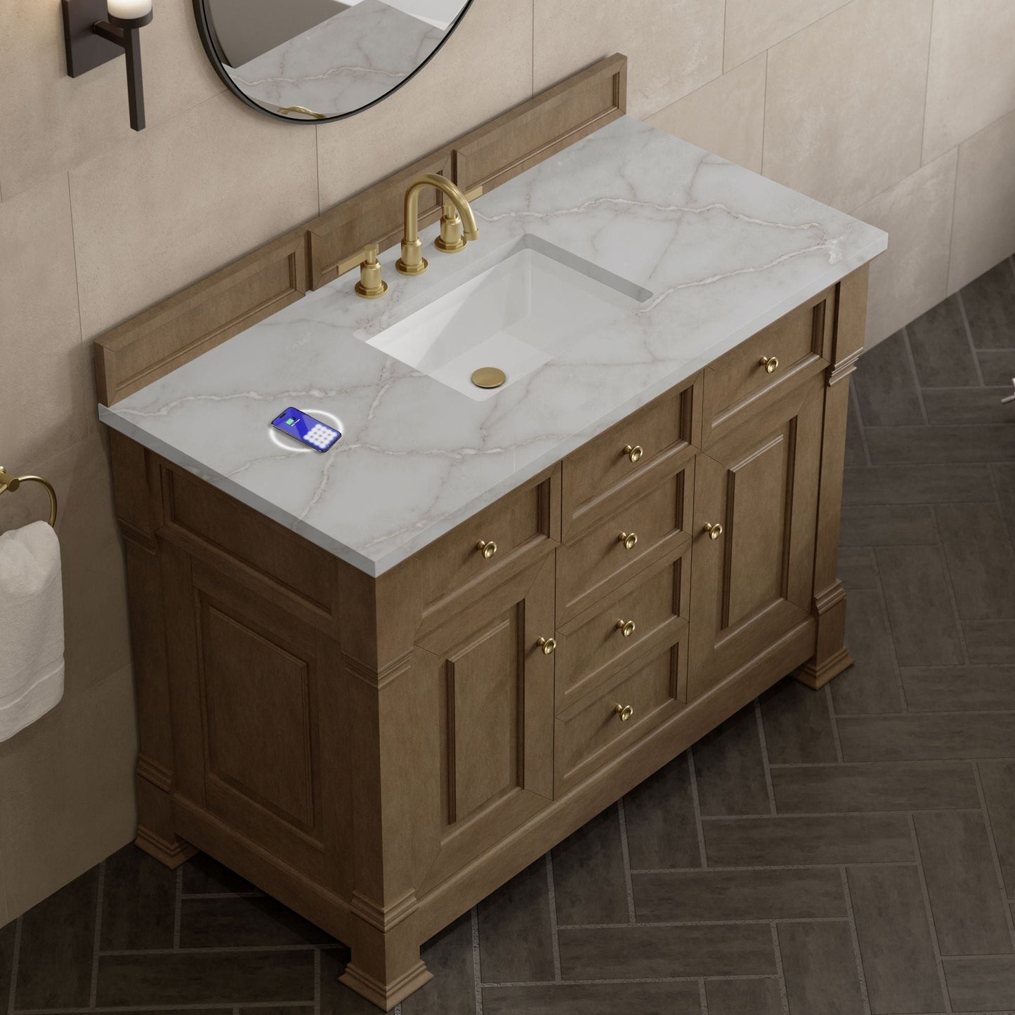 
                  
                    Brookfield 48" Single Vanity in Pecan Single Bathroom Vanity James Martin Vanities FreePower-Enabled Victorian Silver Silestone 
                  
                