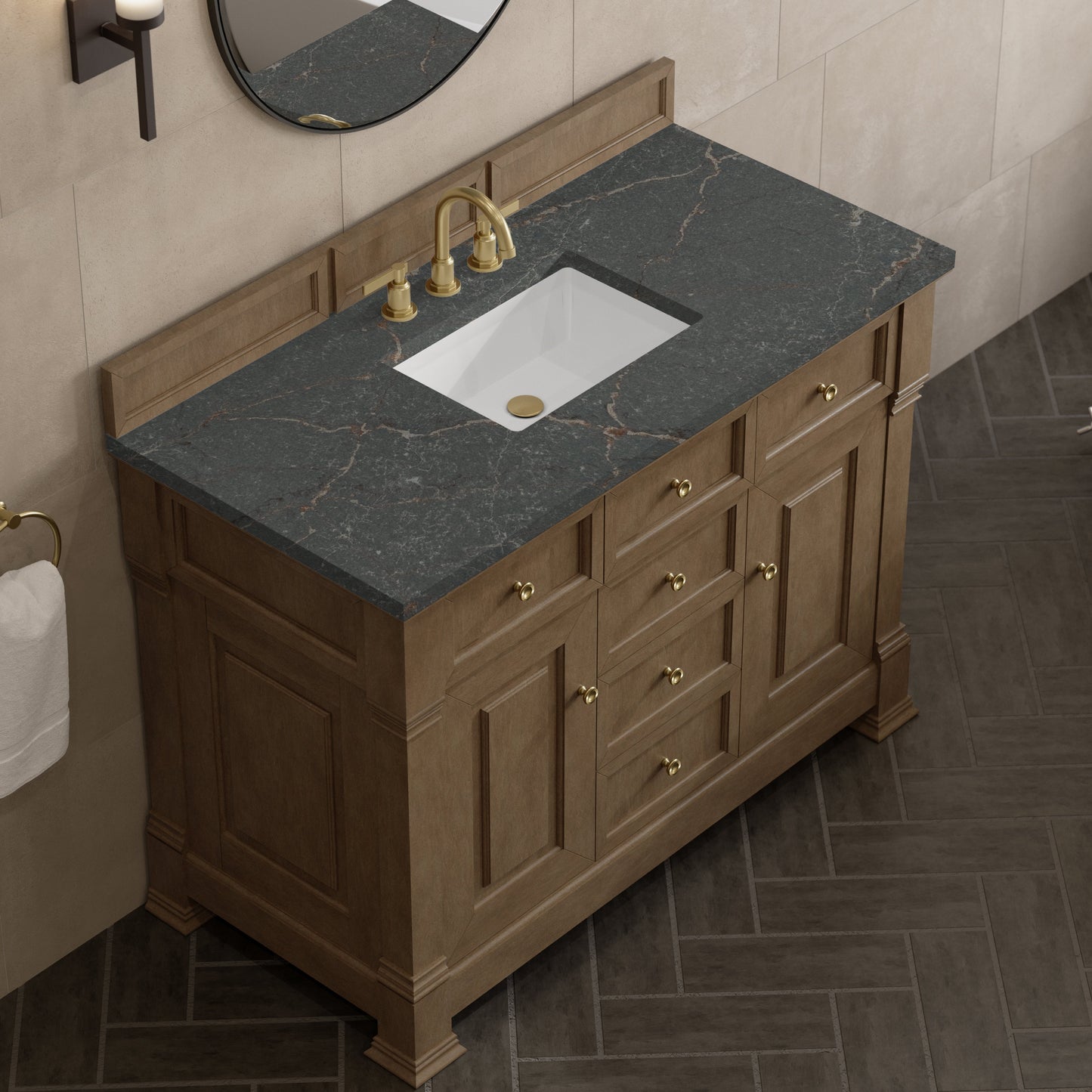 
                  
                    Brookfield 48" Single Vanity in Pecan Single Bathroom Vanity James Martin Vanities Parisien Bleu Silestone 
                  
                