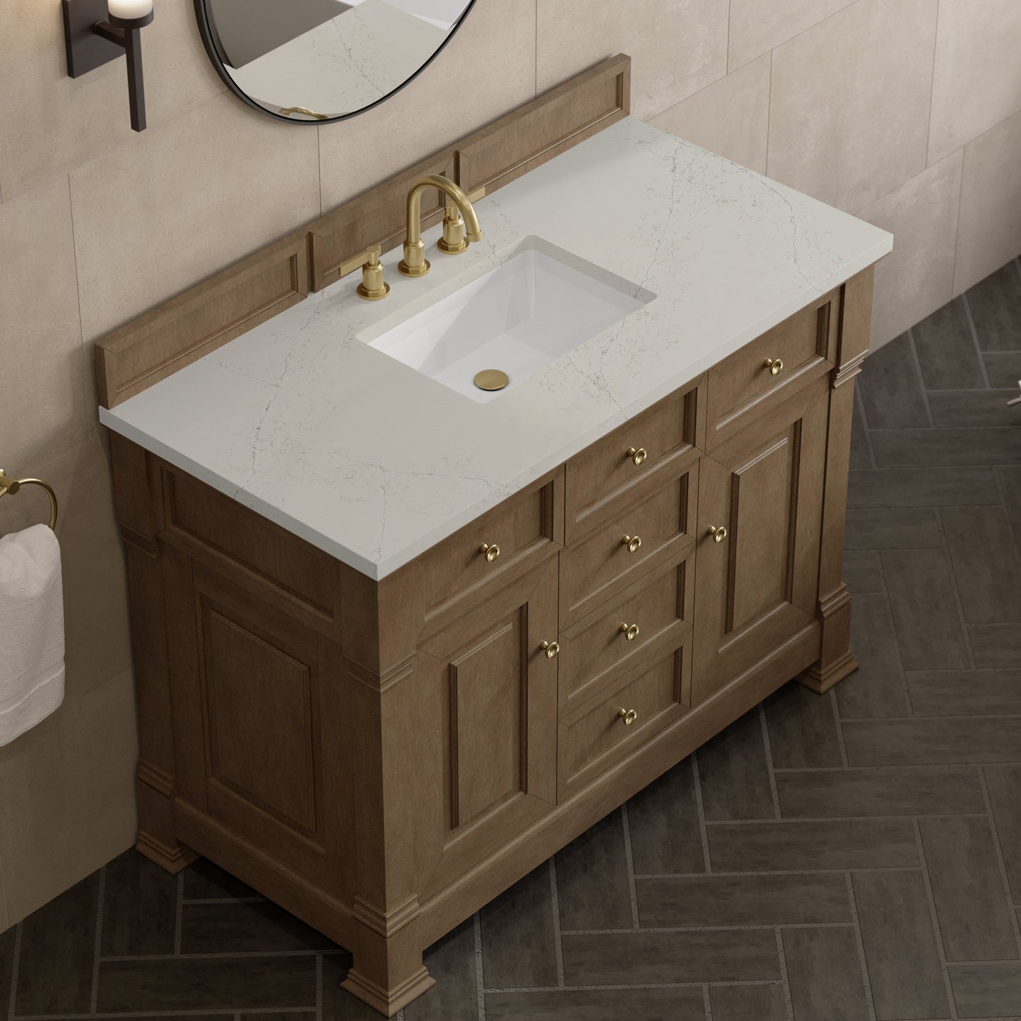 
                  
                    Brookfield 48" Single Vanity in Pecan Single Bathroom Vanity James Martin Vanities Siberian Silestone 
                  
                