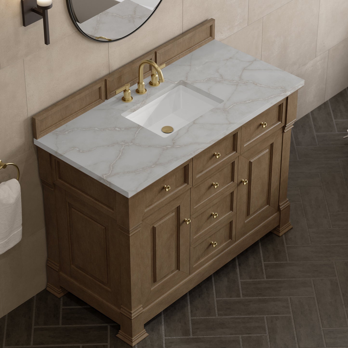 
                  
                    Brookfield 48" Single Vanity in Pecan Single Bathroom Vanity James Martin Vanities Victorian Silver Silestone 
                  
                