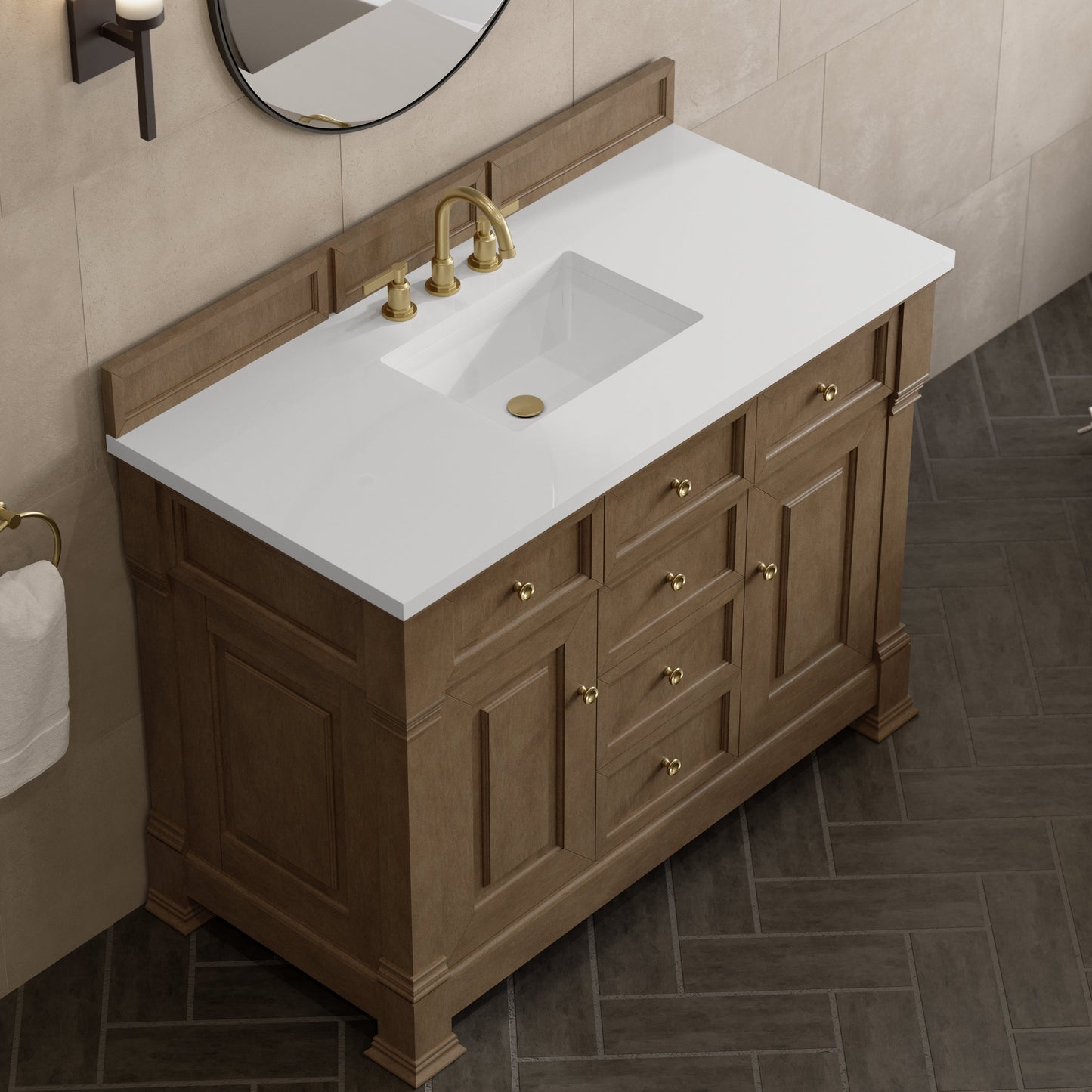 
                  
                    Brookfield 48" Single Vanity in Pecan Single Bathroom Vanity James Martin Vanities White Zeus Silestone 
                  
                