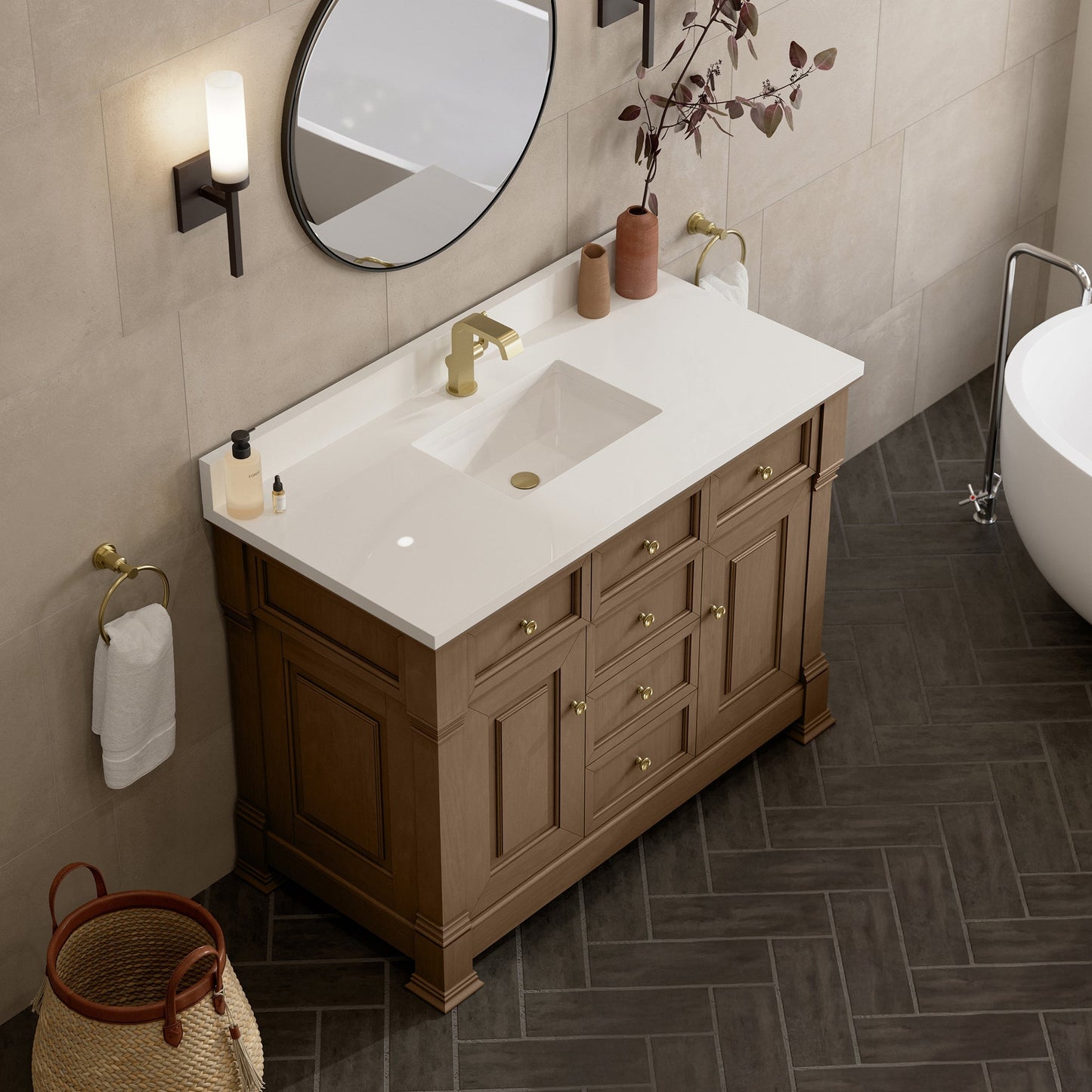 
                  
                    Brookfield 48" Single Vanity in Pecan Single Bathroom Vanity James Martin Vanities White Zeus Single Faucet Hole Silestone w/Backsplash 
                  
                