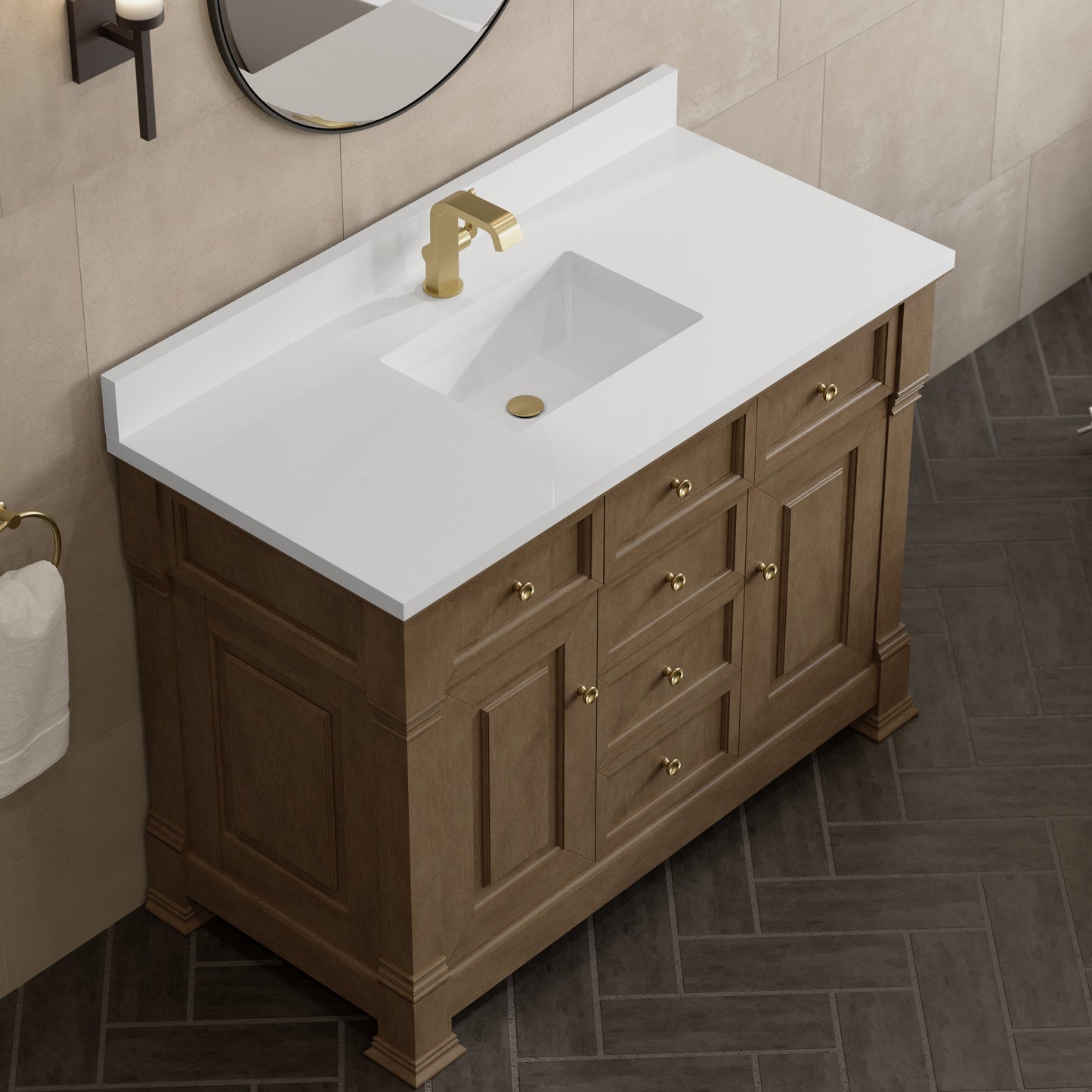 
                  
                    Brookfield 48" Single Vanity in Pecan Single Bathroom Vanity James Martin Vanities White Zeus Single Faucet Hole Silestone w/Backsplash 
                  
                