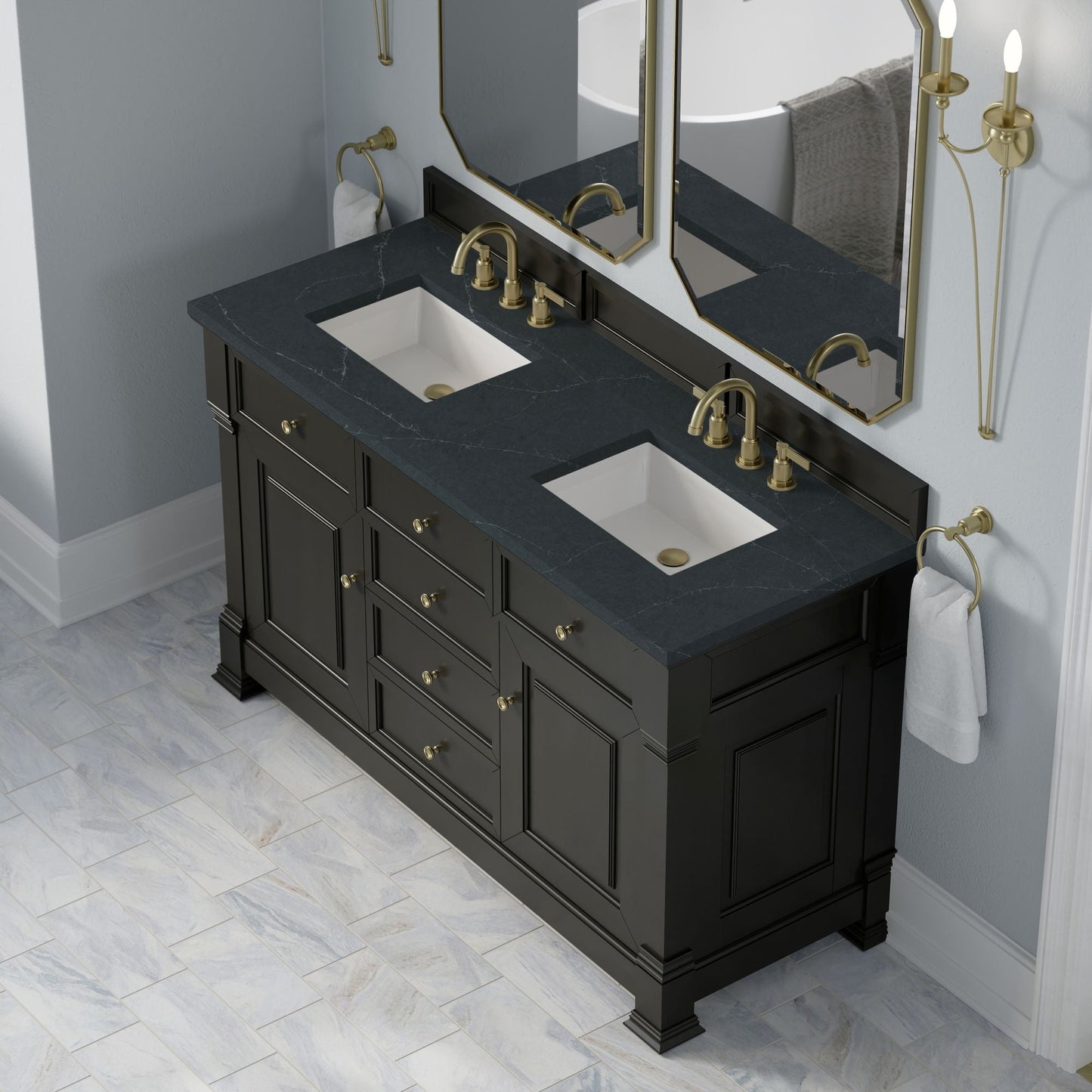 
                  
                    Brookfield 60" Double Vanity in Black Onyx Double Bathroom Vanity James Martin Vanities Charcoal Soapstone Silestone 
                  
                