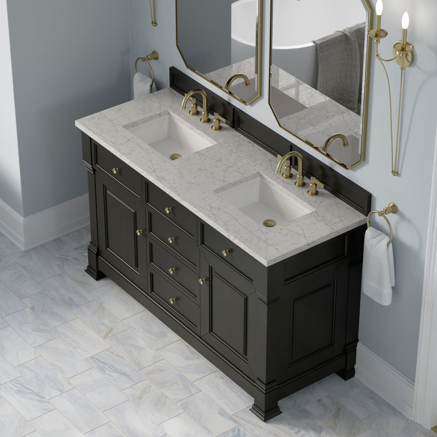 
                  
                    Brookfield 60" Double Vanity in Black Onyx Double Bathroom Vanity James Martin Vanities Eternal Pearl Jasmine Silestone 
                  
                
