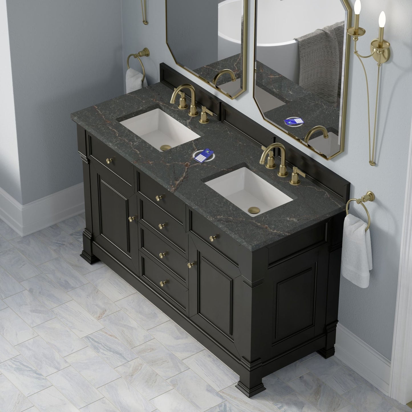 
                  
                    Brookfield 60" Double Vanity in Black Onyx Double Bathroom Vanity James Martin Vanities FreePower-Enabled Parisien Bleu Silestone 
                  
                