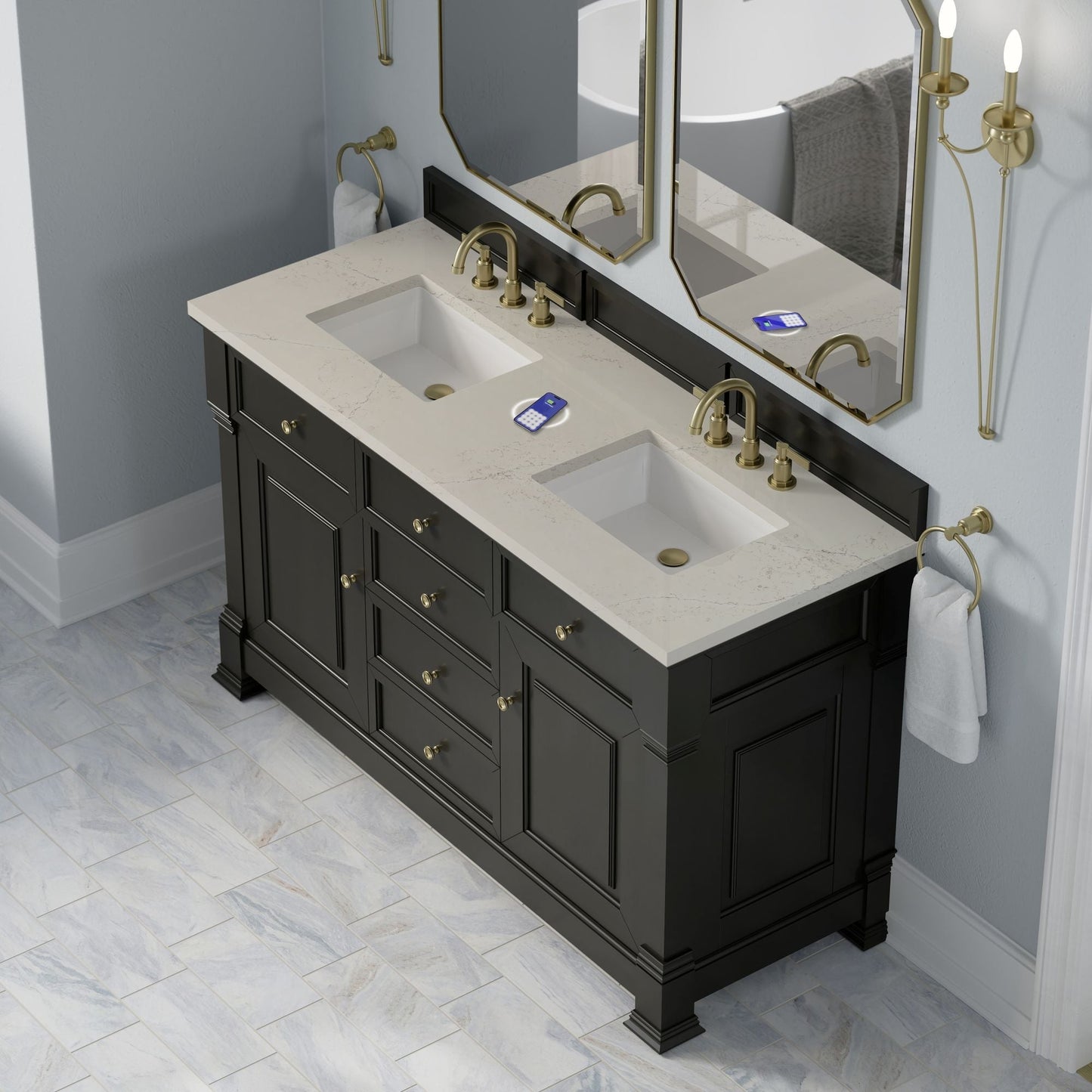 
                  
                    Brookfield 60" Double Vanity in Black Onyx Double Bathroom Vanity James Martin Vanities FreePower-Enabled Siberian Silestone 
                  
                