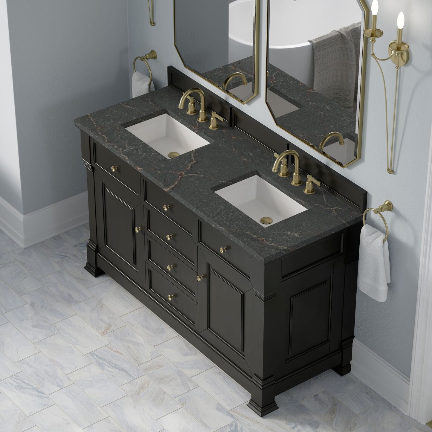 
                  
                    Brookfield 60" Double Vanity in Black Onyx Double Bathroom Vanity James Martin Vanities Parisien Bleu Silestone 
                  
                